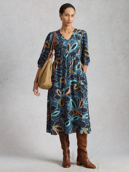 White Stuff Lucy Abstract Midi Dress containing LENZING™ ECOVERO™ Viscose, Black/Multi, Black/Multi