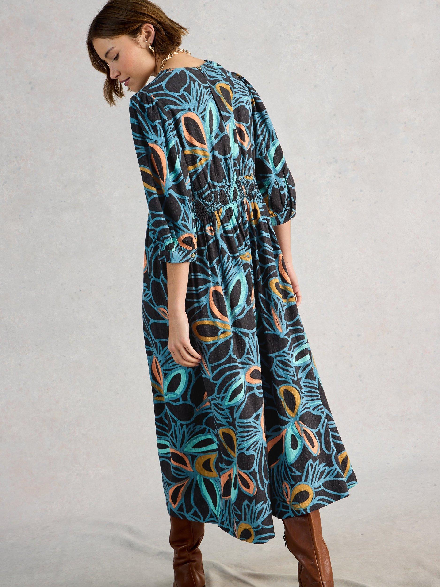 Product image 2 of 6, which shows White Stuff Lucy Abstract Midi Dress containing LENZING™ ECOVERO™ Viscose, Black/Multi, 6