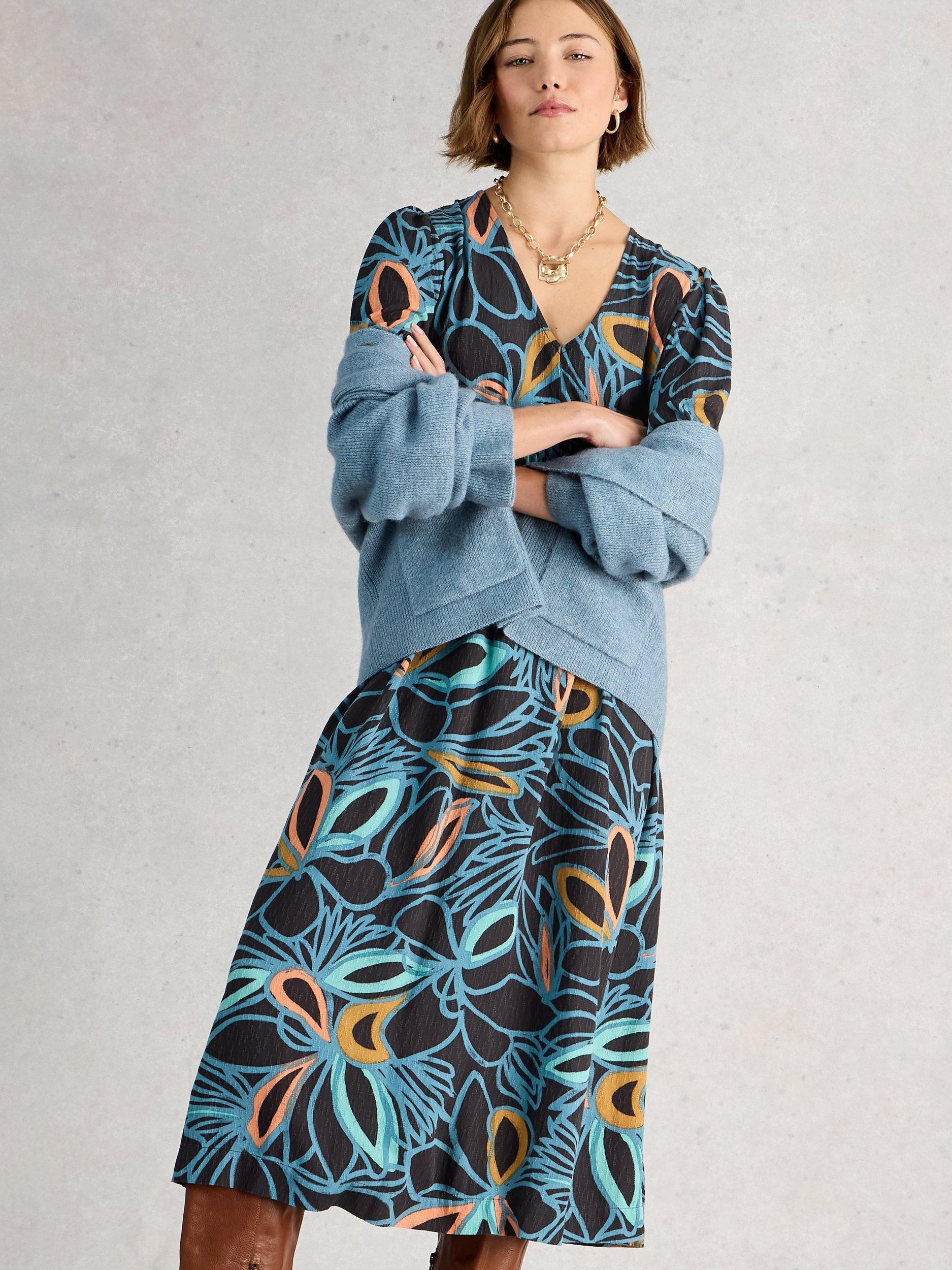 Product image 4 of 6, which shows White Stuff Lucy Abstract Midi Dress containing LENZING™ ECOVERO™ Viscose, Black/Multi, 6