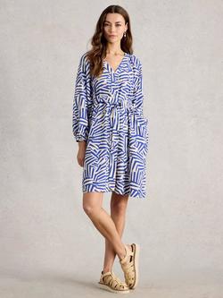 White Stuff Petra Geometric Linen Blend Dress containing LENZING™ ECOVERO™ Viscose, Blue/Multi, Blue/Multi