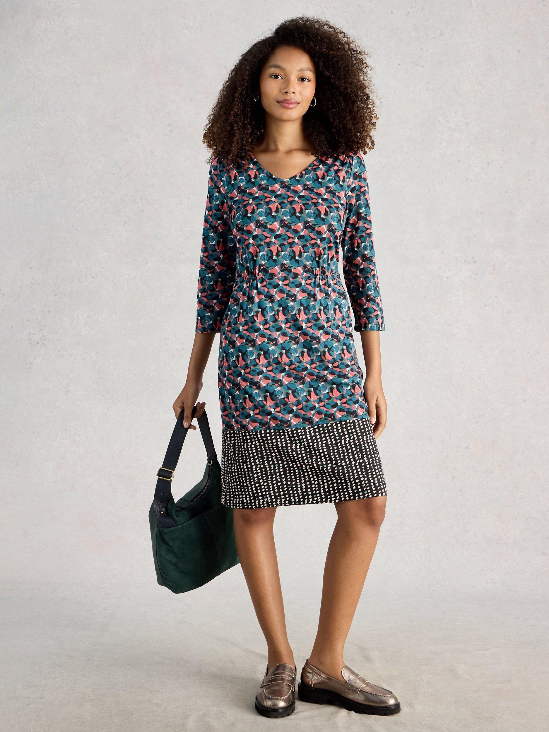 Product image 1 of 6, which shows White Stuff Tallie V-Neck Jersey Dress, Navy/Multi, 6