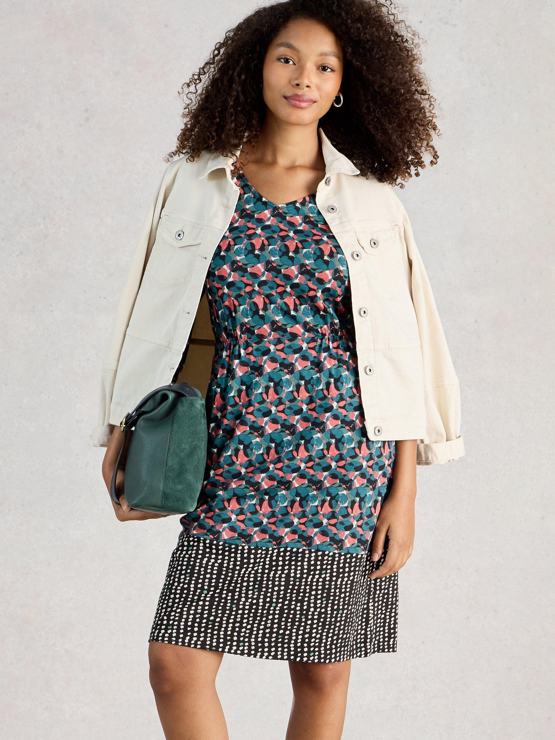 Product image 4 of 6, which shows White Stuff Tallie V-Neck Jersey Dress, Navy/Multi, 6