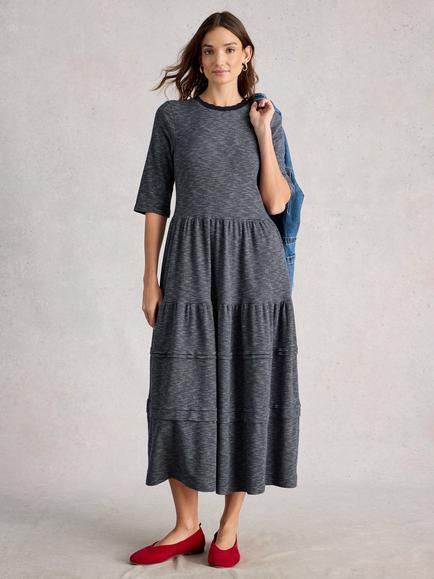 White Stuff Vera Stripe Tiered Midi Dress, Blue/Multi, Blue/Multi