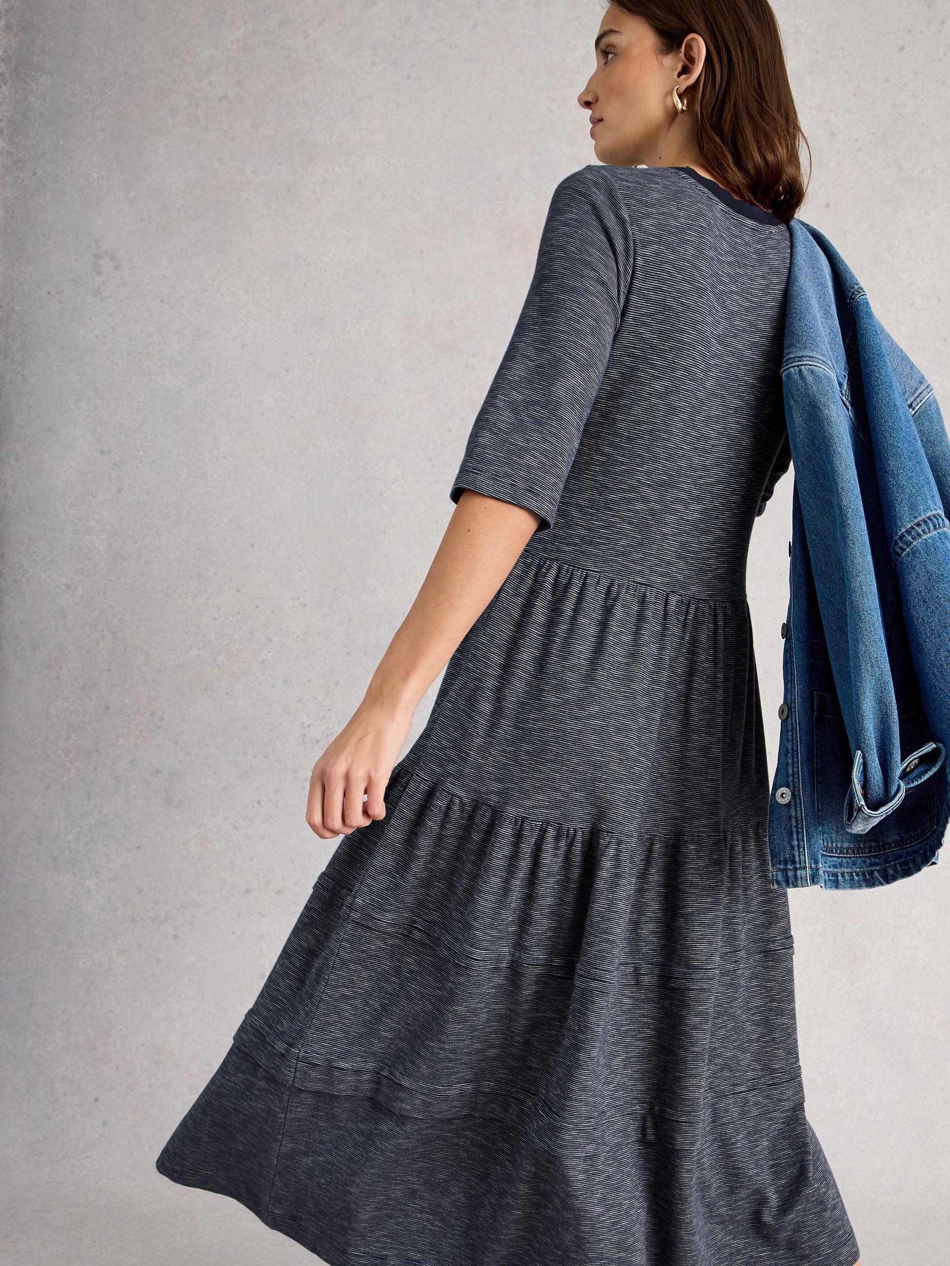 Product image 2 of 6, which shows White Stuff Vera Stripe Tiered Midi Dress, Blue/Multi, 6