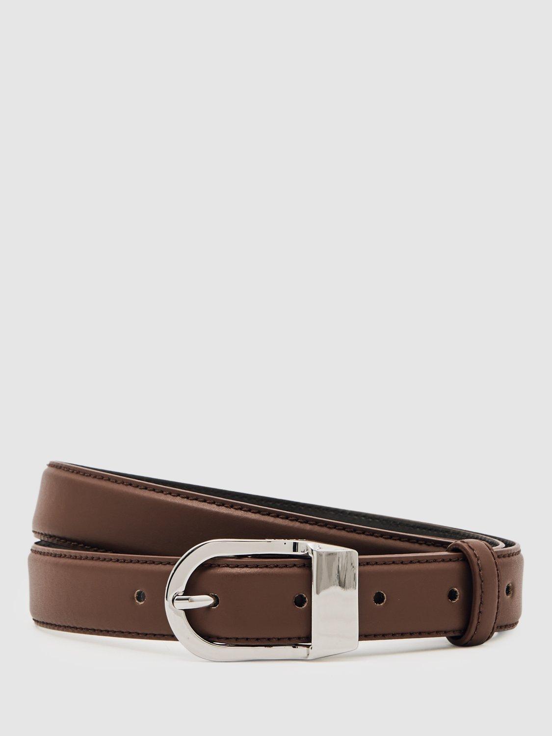 Product image 1 of 5, which shows Reiss Silver Buckle Belt , Chocolate, S