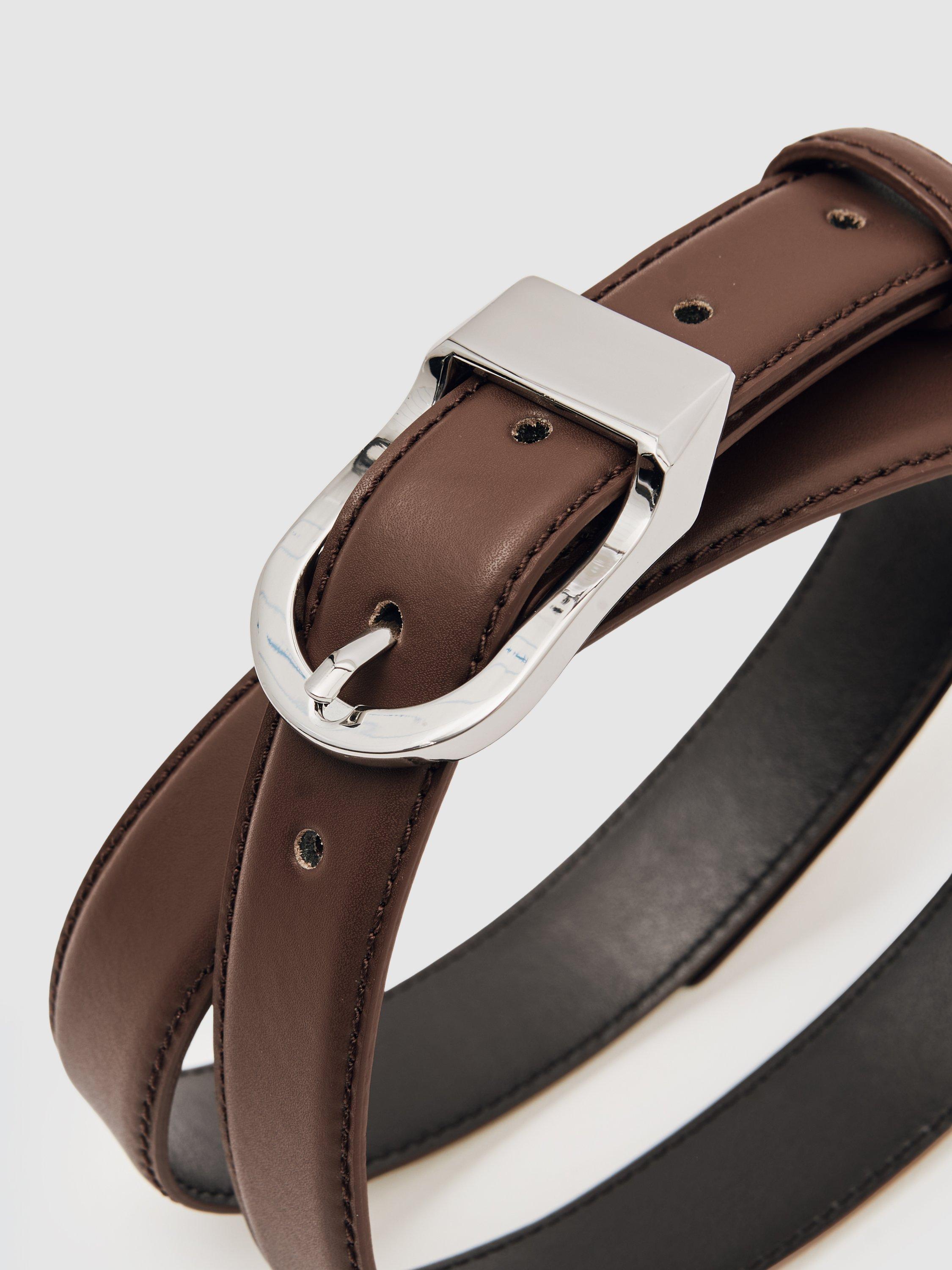 Product image 2 of 5, which shows Reiss Silver Buckle Belt , Chocolate, S