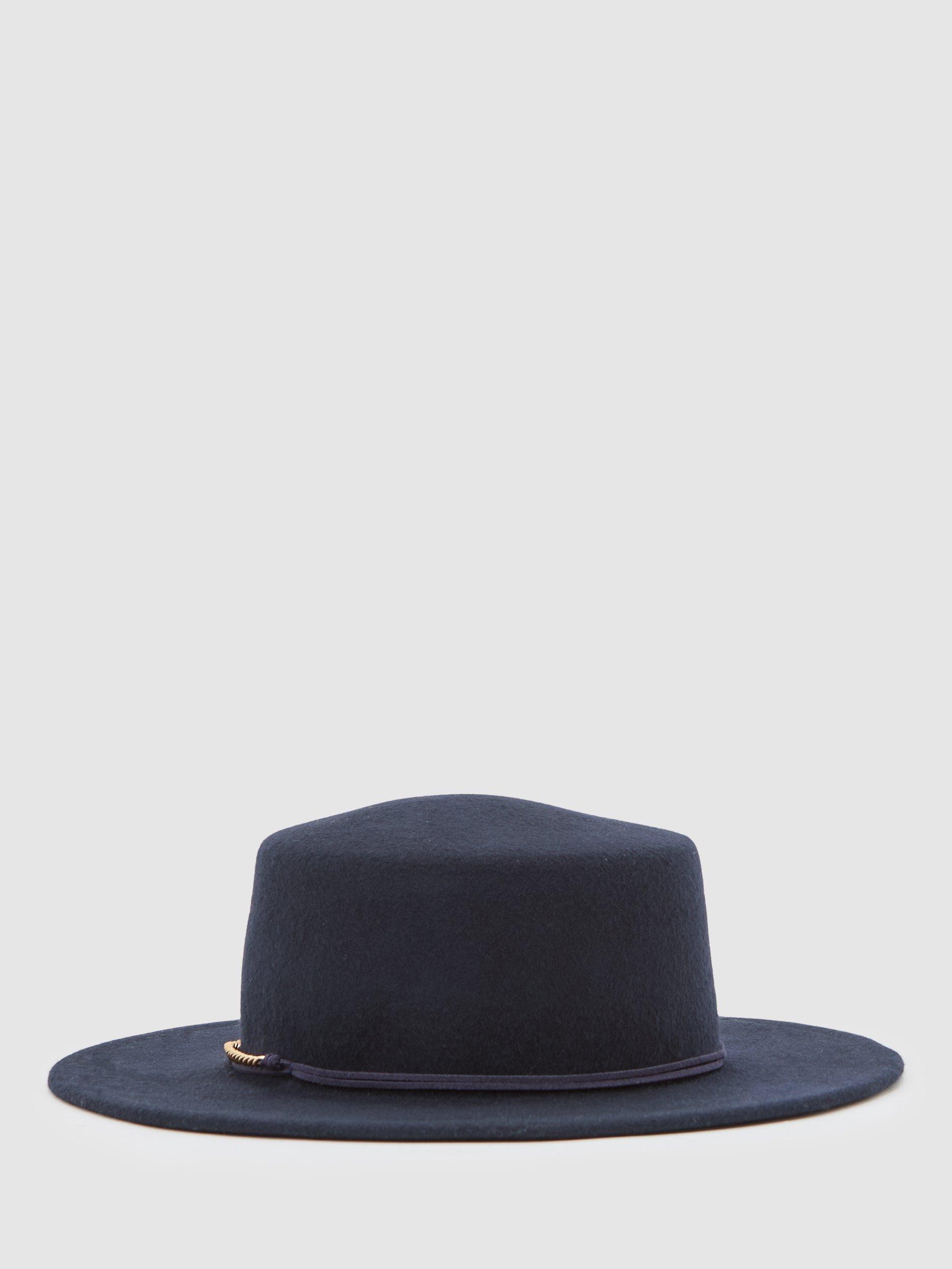 Product image 1 of 4, which shows Reiss Lacey Chain Felt Fedora Hat, Navy, S-M