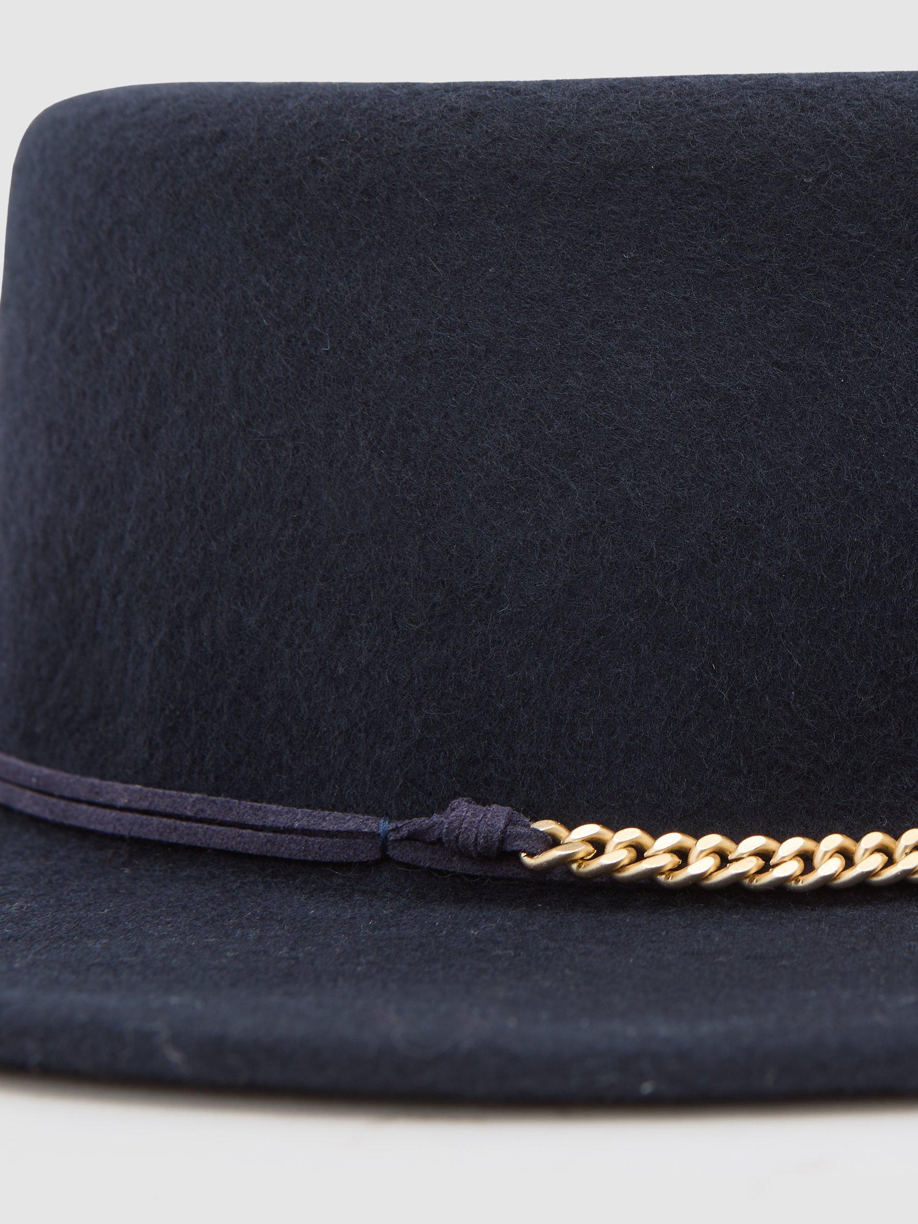 Product image 3 of 4, which shows Reiss Lacey Chain Felt Fedora Hat, Navy, S-M