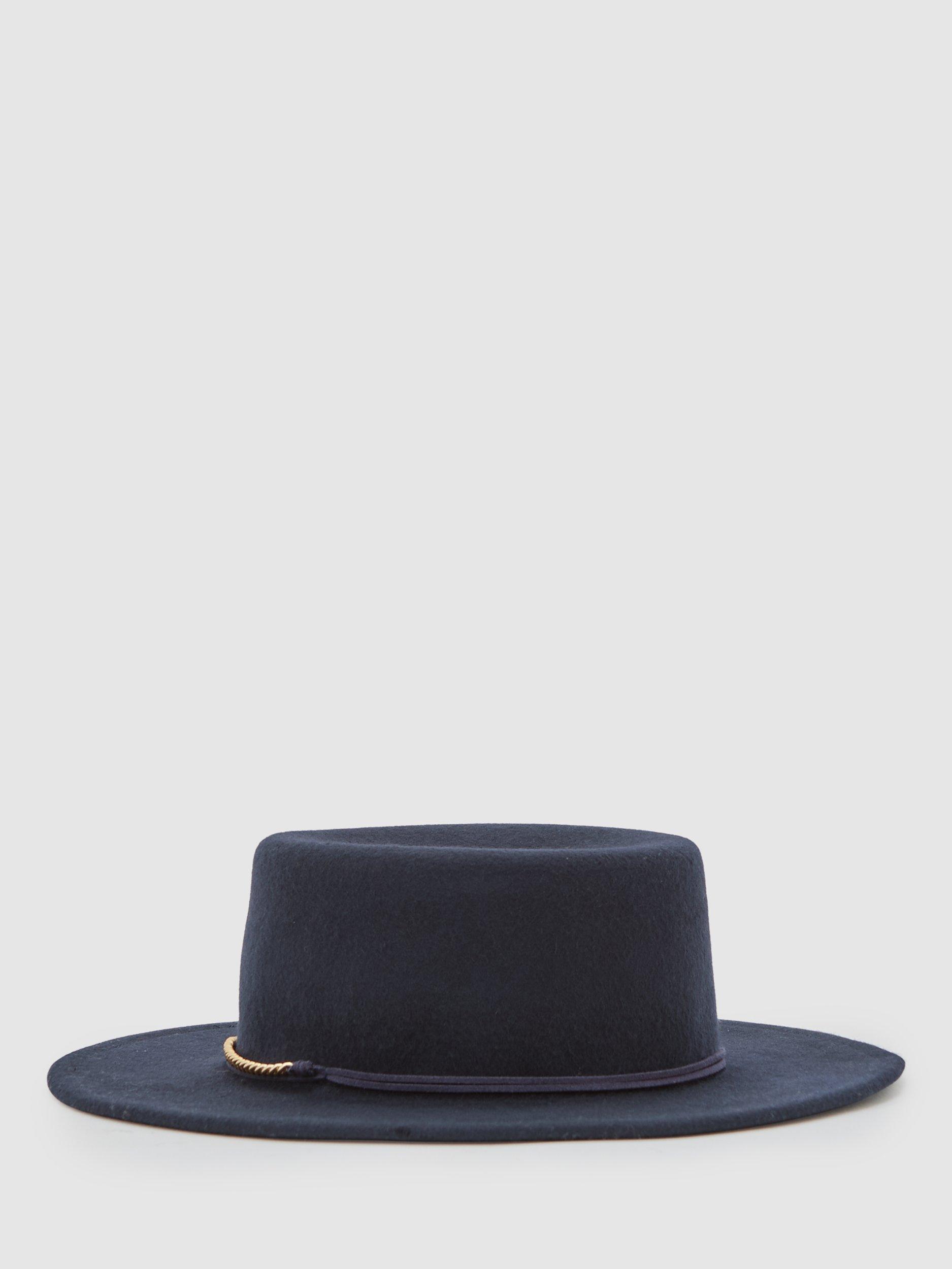 Product image 4 of 4, which shows Reiss Lacey Chain Felt Fedora Hat, Navy, S-M
