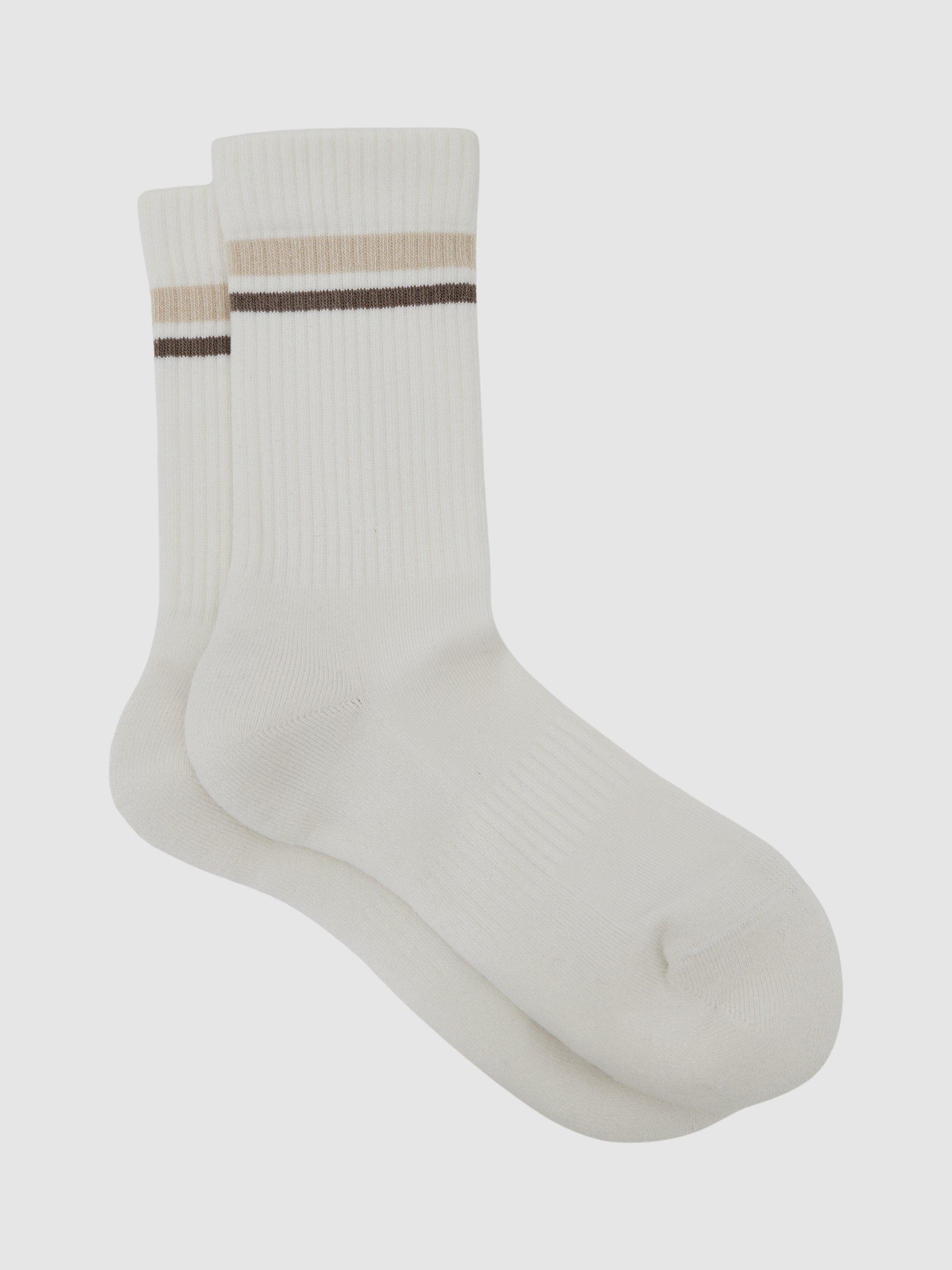 Product image 1 of 3, which shows Reiss Helena  High Striped Trainer Socks , Neutral, 3-5.5