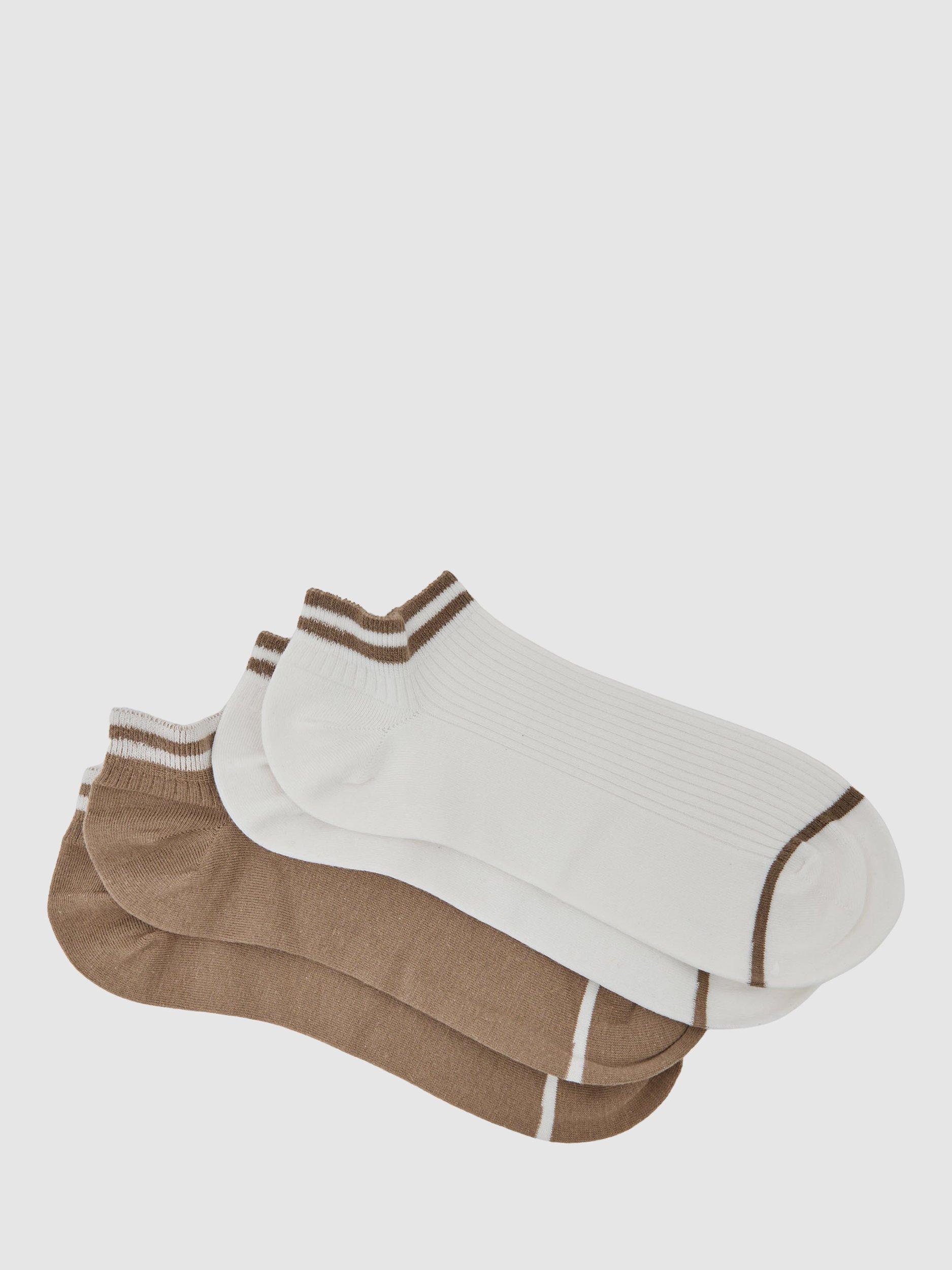 Product image 1 of 3, which shows Reiss Calla 2-Pack Cotton Blend Trainer Socks, Taupe/White, 3-5.5