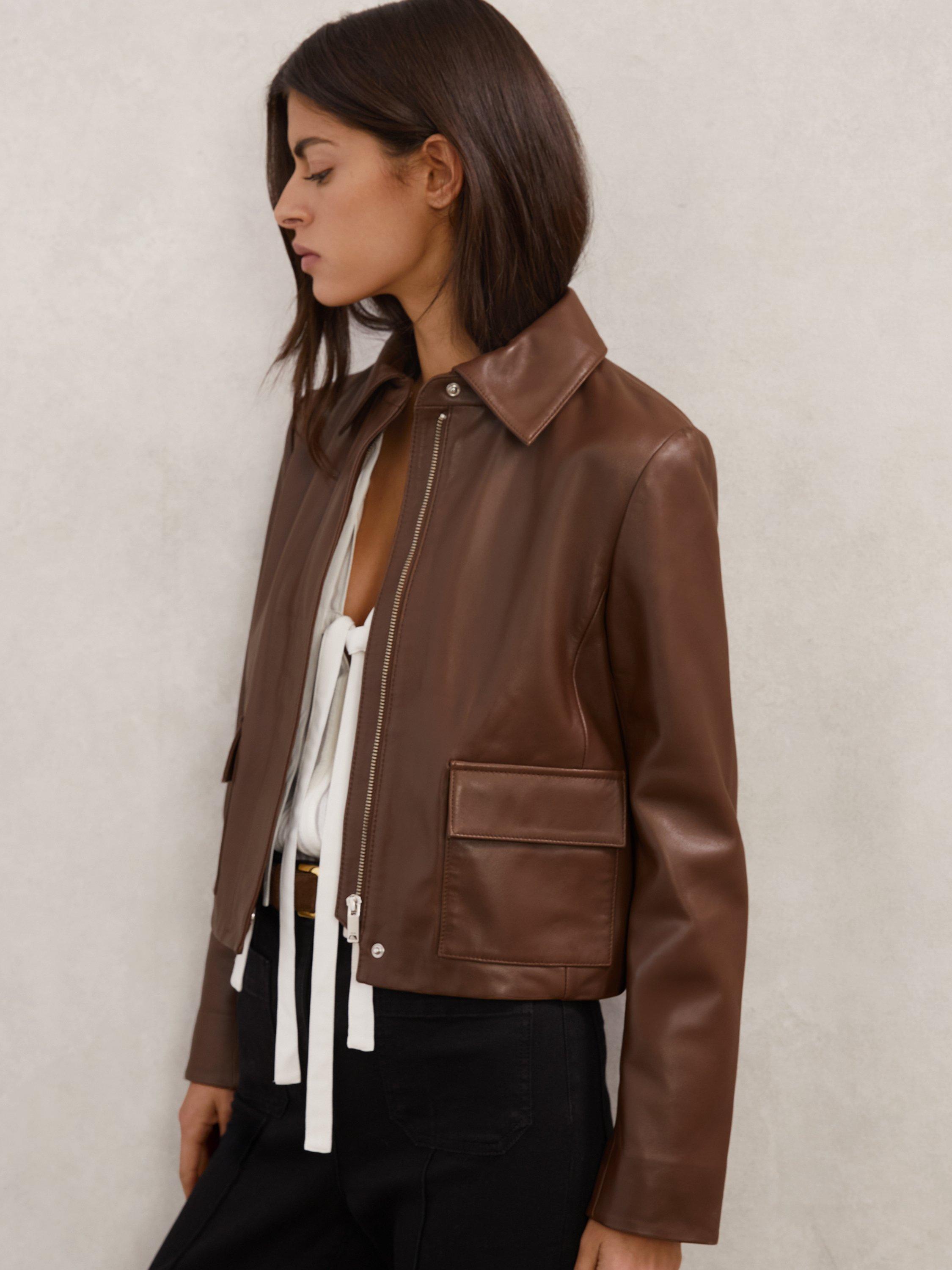 Product image 1 of 5, which shows Reiss Clean Leather Suede Blend Jacket, Mocha Brown, 14