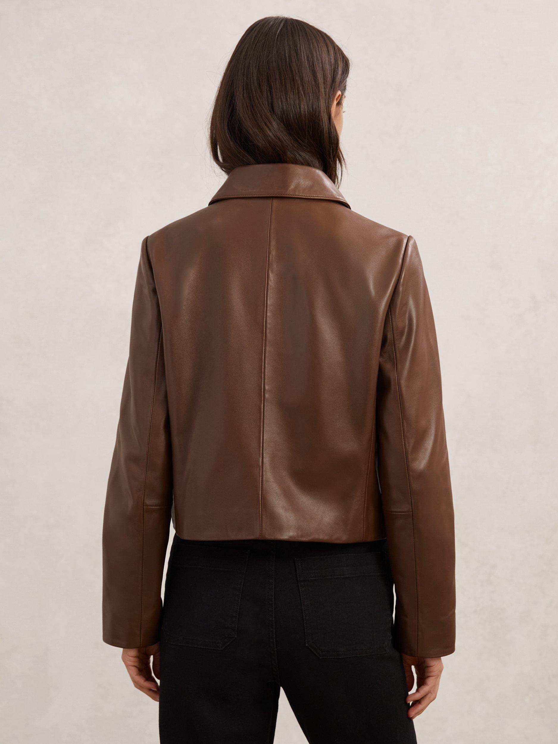Product image 2 of 5, which shows Reiss Clean Leather Suede Blend Jacket, Mocha Brown, 14