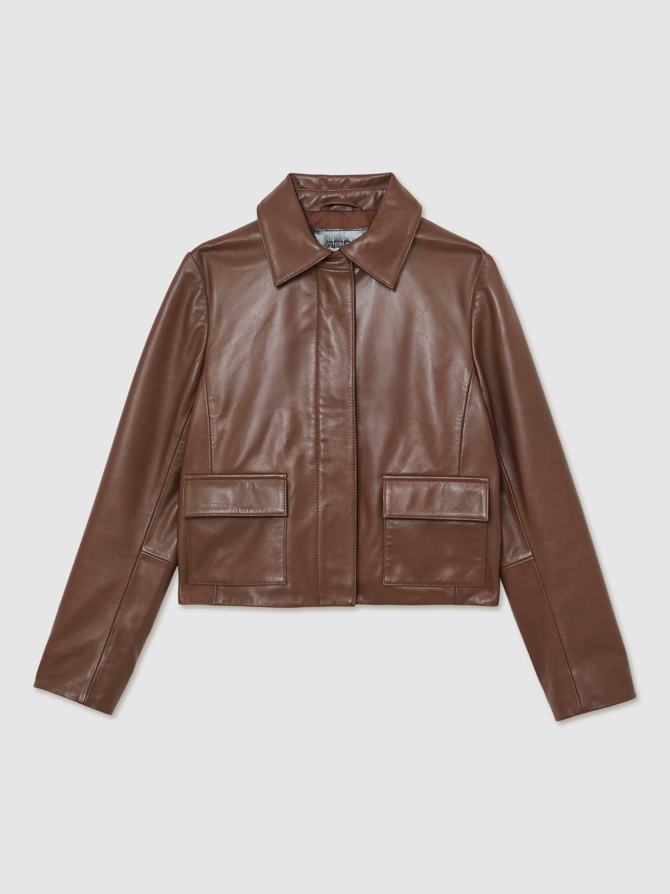 Product image 3 of 5, which shows Reiss Clean Leather Suede Blend Jacket, Mocha Brown, 14