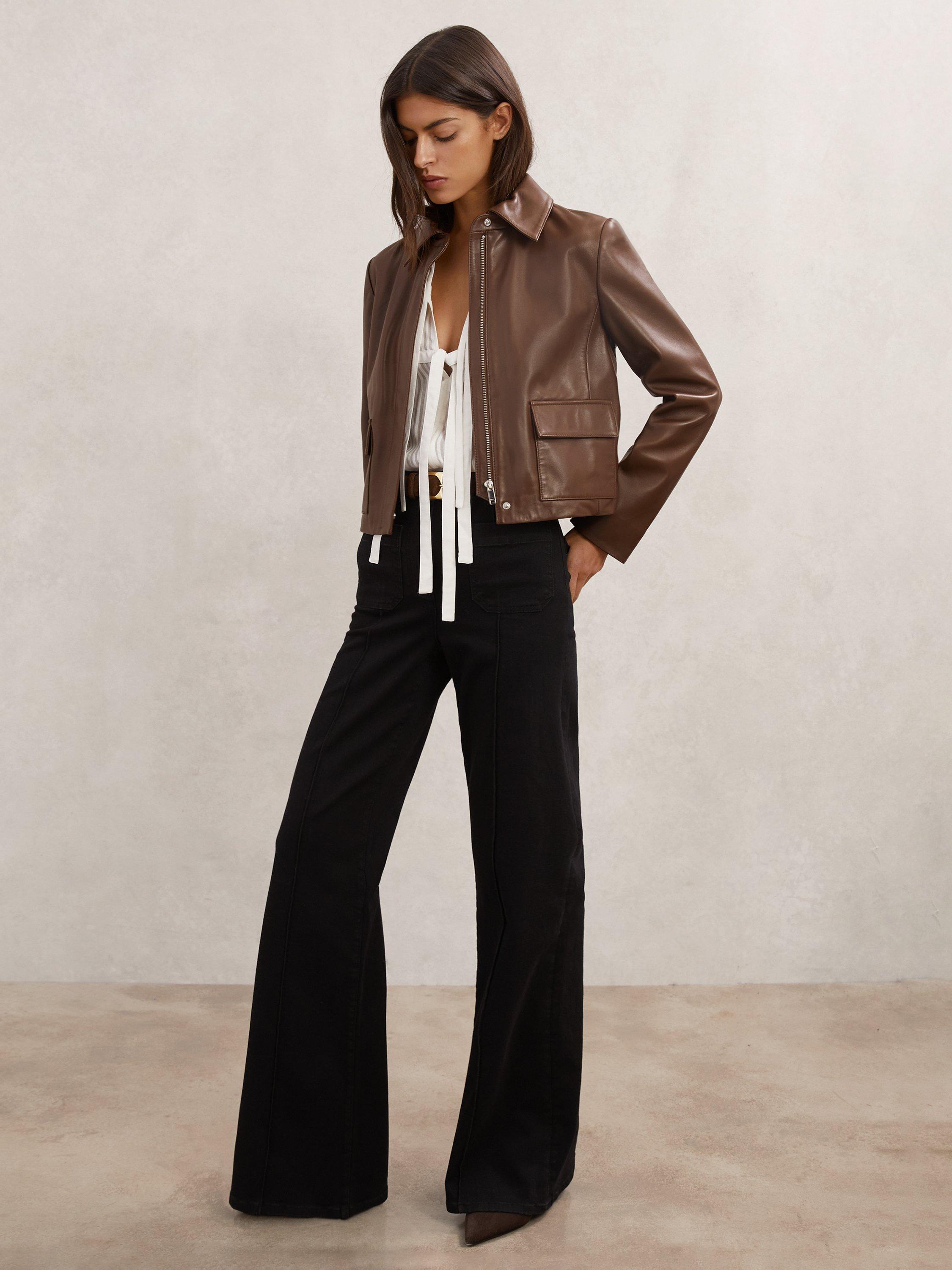 Product image 4 of 5, which shows Reiss Clean Leather Suede Blend Jacket, Mocha Brown, 14