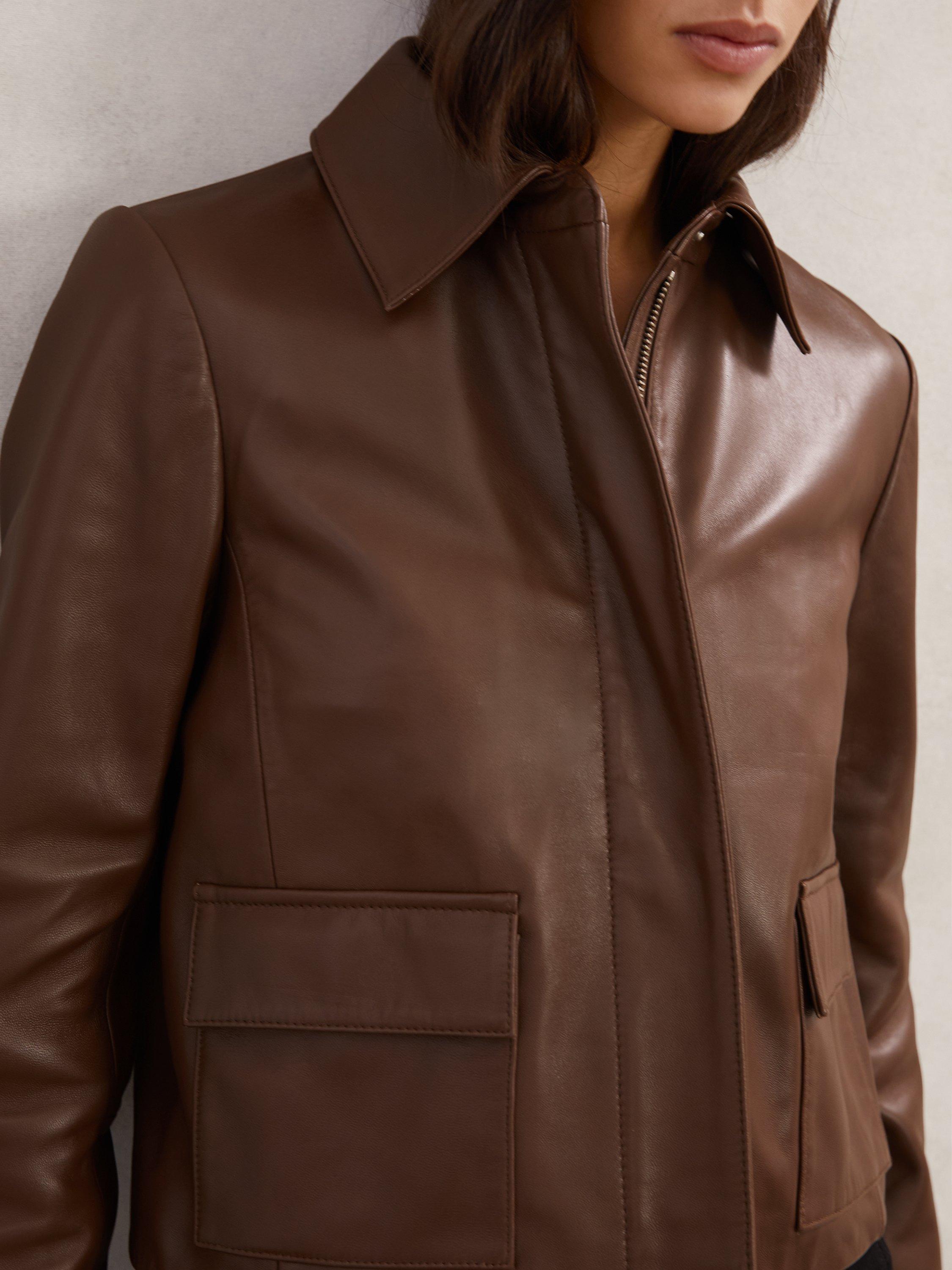 Product image 5 of 5, which shows Reiss Clean Leather Suede Blend Jacket, Mocha Brown, 14