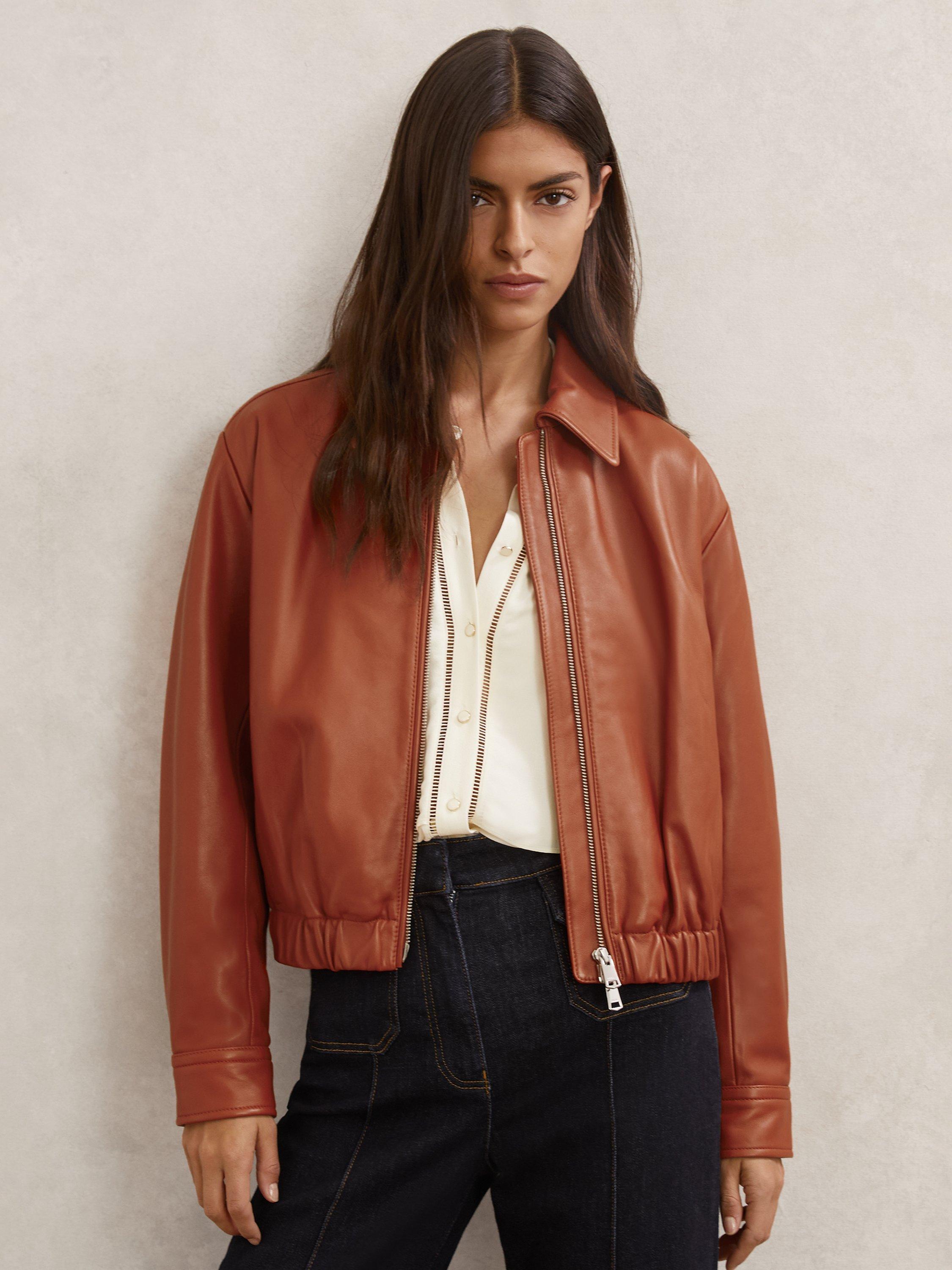 Product image 1 of 5, which shows Reiss Lottie Cropped Leather Bomber Jacket , Tan, 6