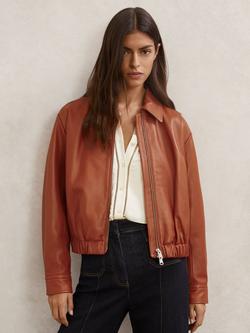 Reiss Lottie Cropped Leather Bomber Jacket, Tan