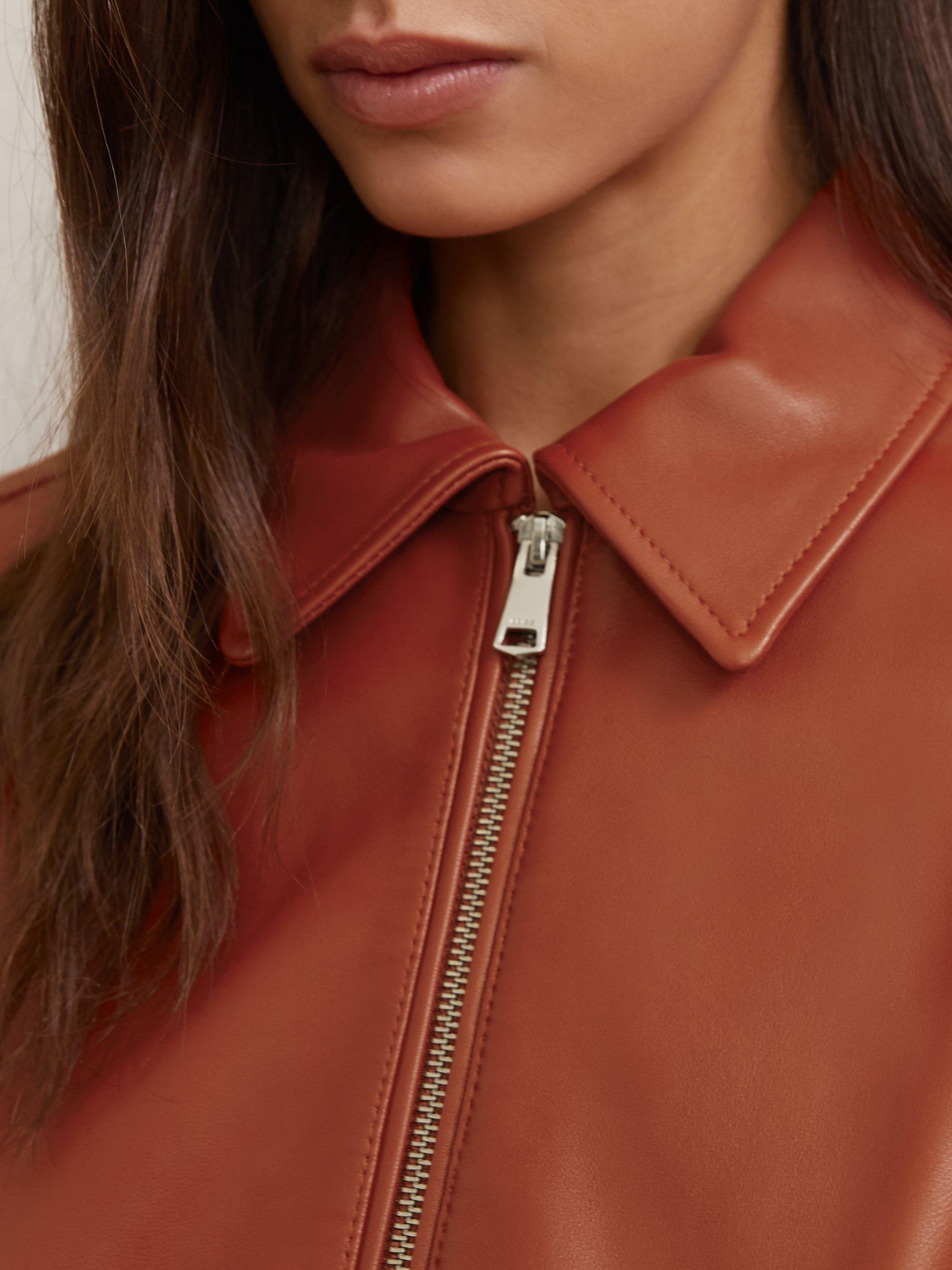 Product image 2 of 5, which shows Reiss Lottie Cropped Leather Bomber Jacket , Tan, 6