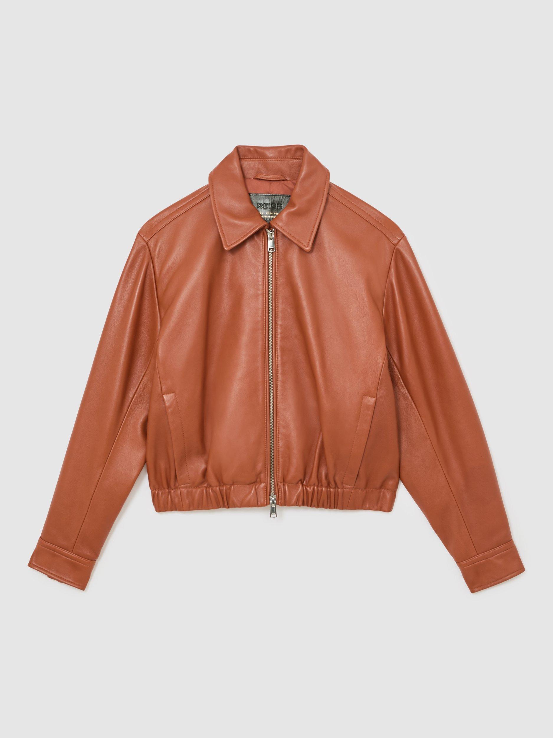 Product image 3 of 5, which shows Reiss Lottie Cropped Leather Bomber Jacket , Tan, 6