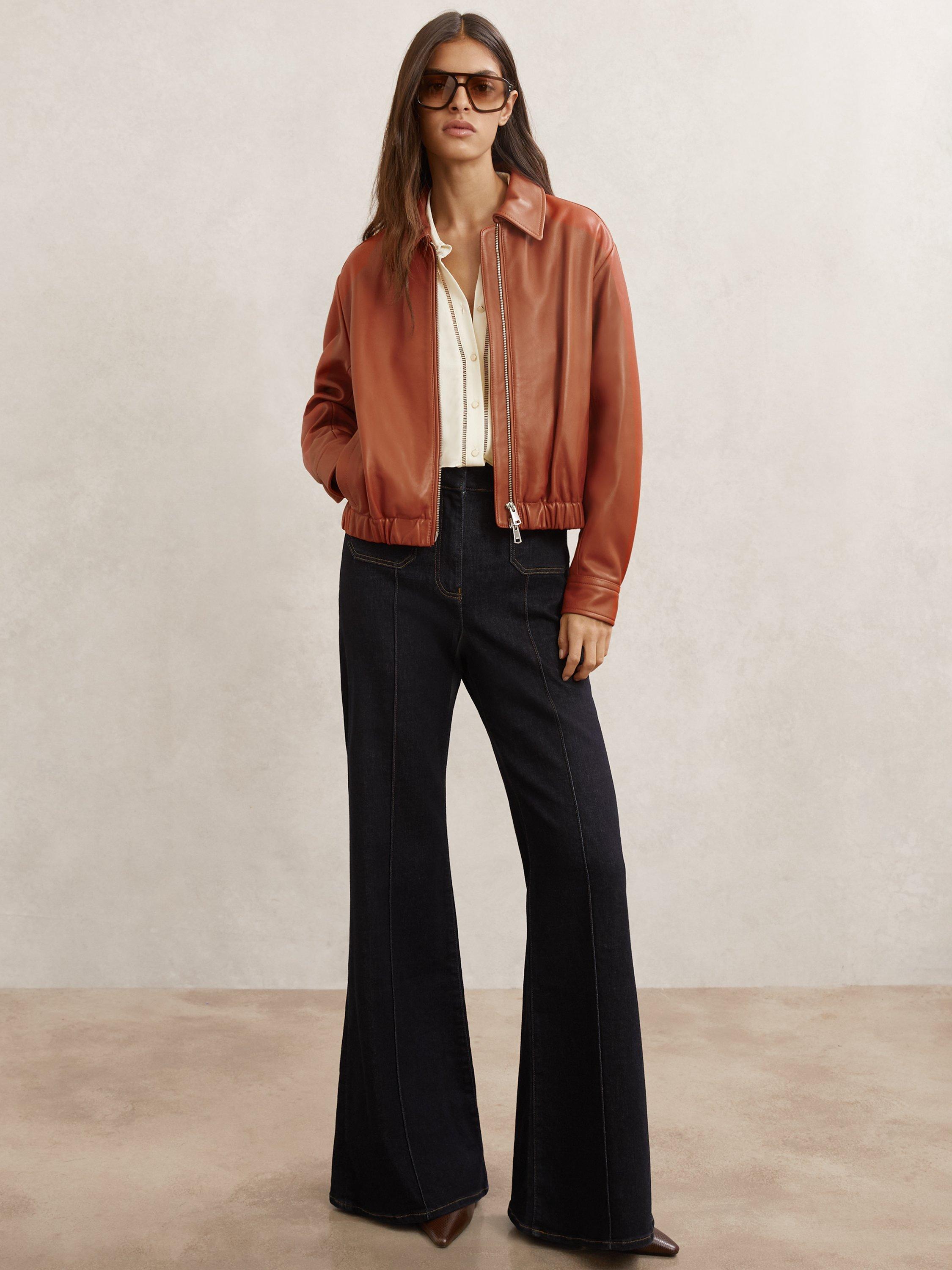 Product image 4 of 5, which shows Reiss Lottie Cropped Leather Bomber Jacket , Tan, 6