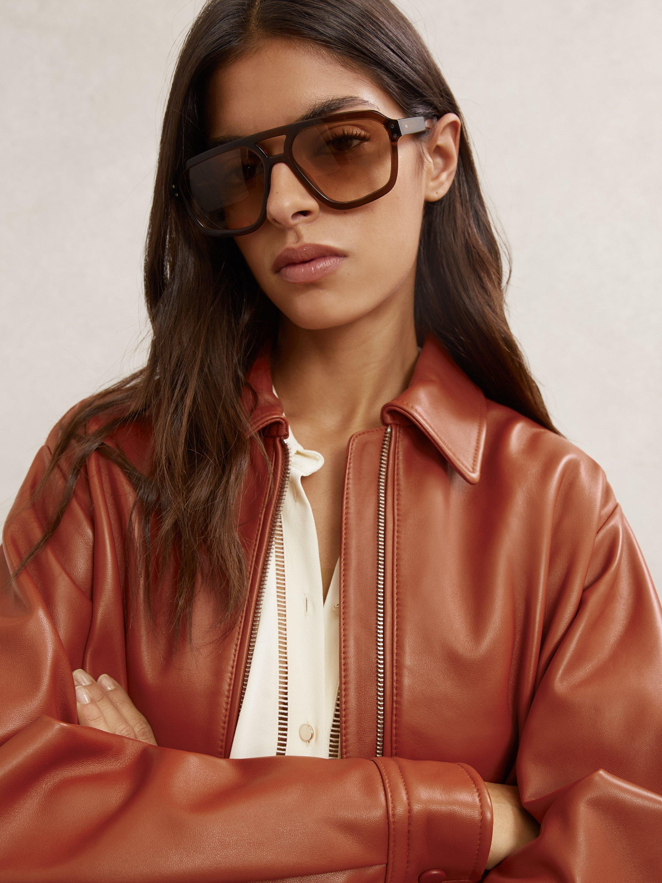 Product image 5 of 5, which shows Reiss Lottie Cropped Leather Bomber Jacket , Tan, 6