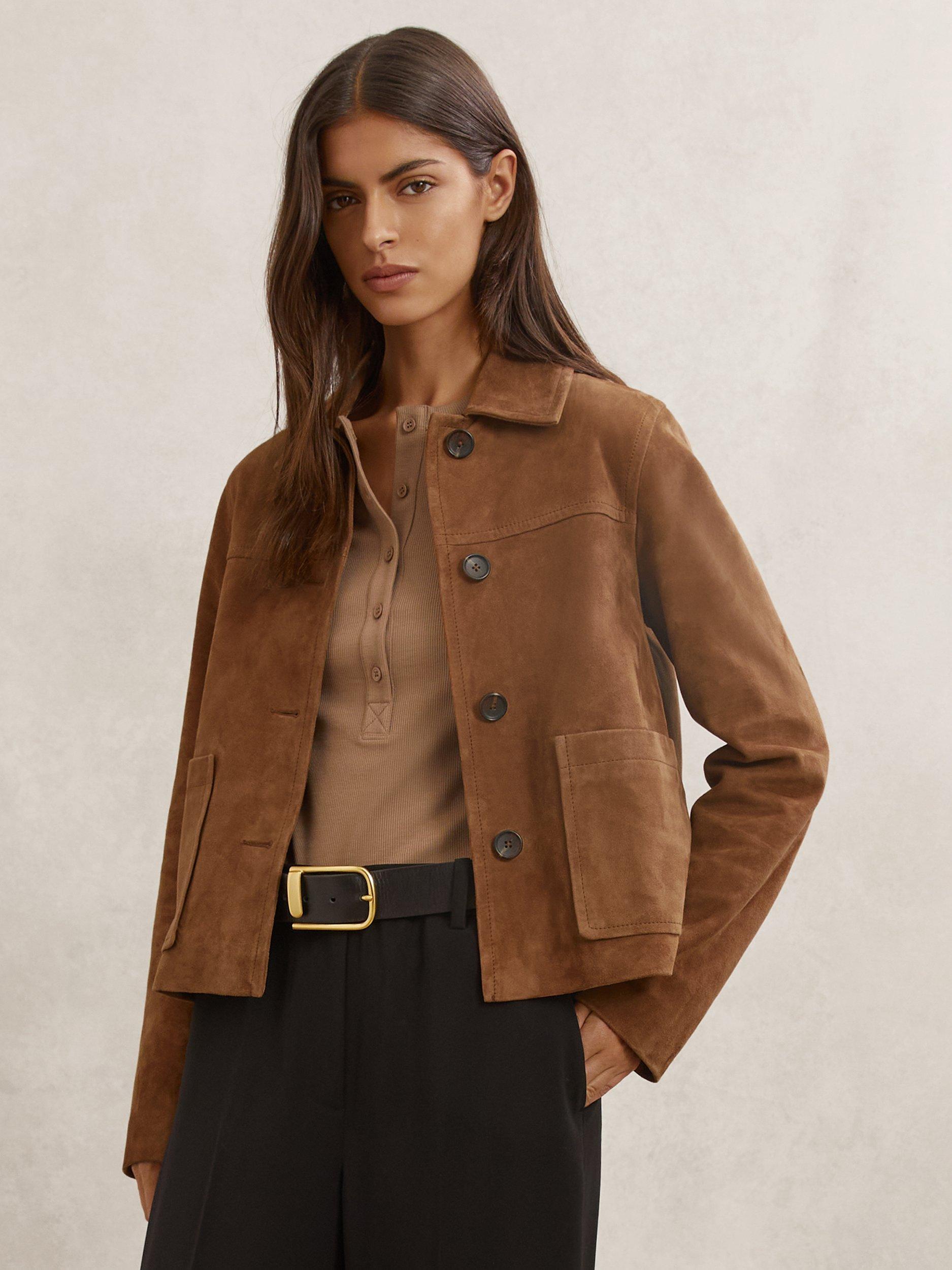 Product image 1 of 5, which shows Reiss Miller Seam Detail Leather Jacket, Tan, 6