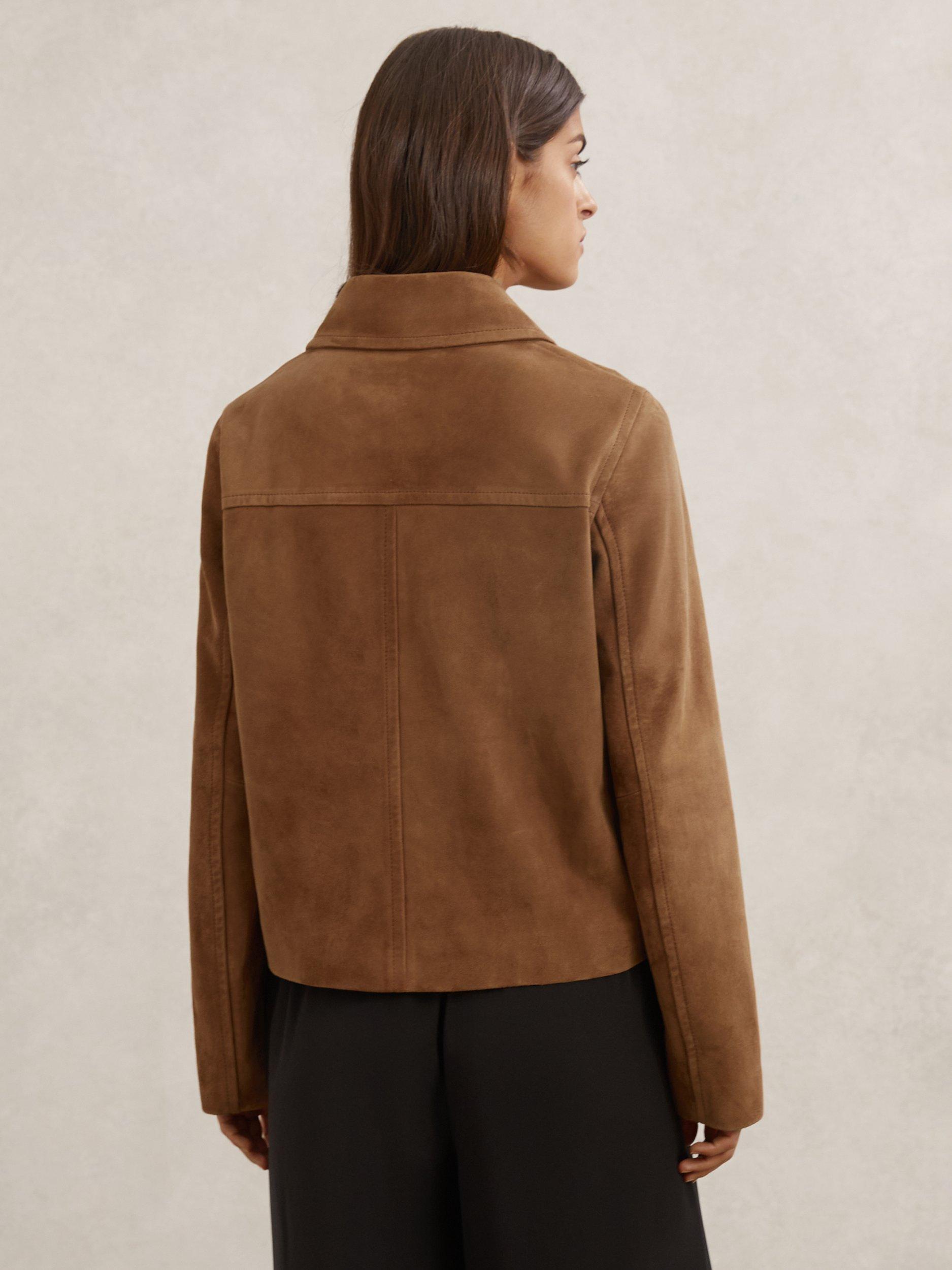 Product image 2 of 5, which shows Reiss Miller Seam Detail Leather Jacket, Tan, 6