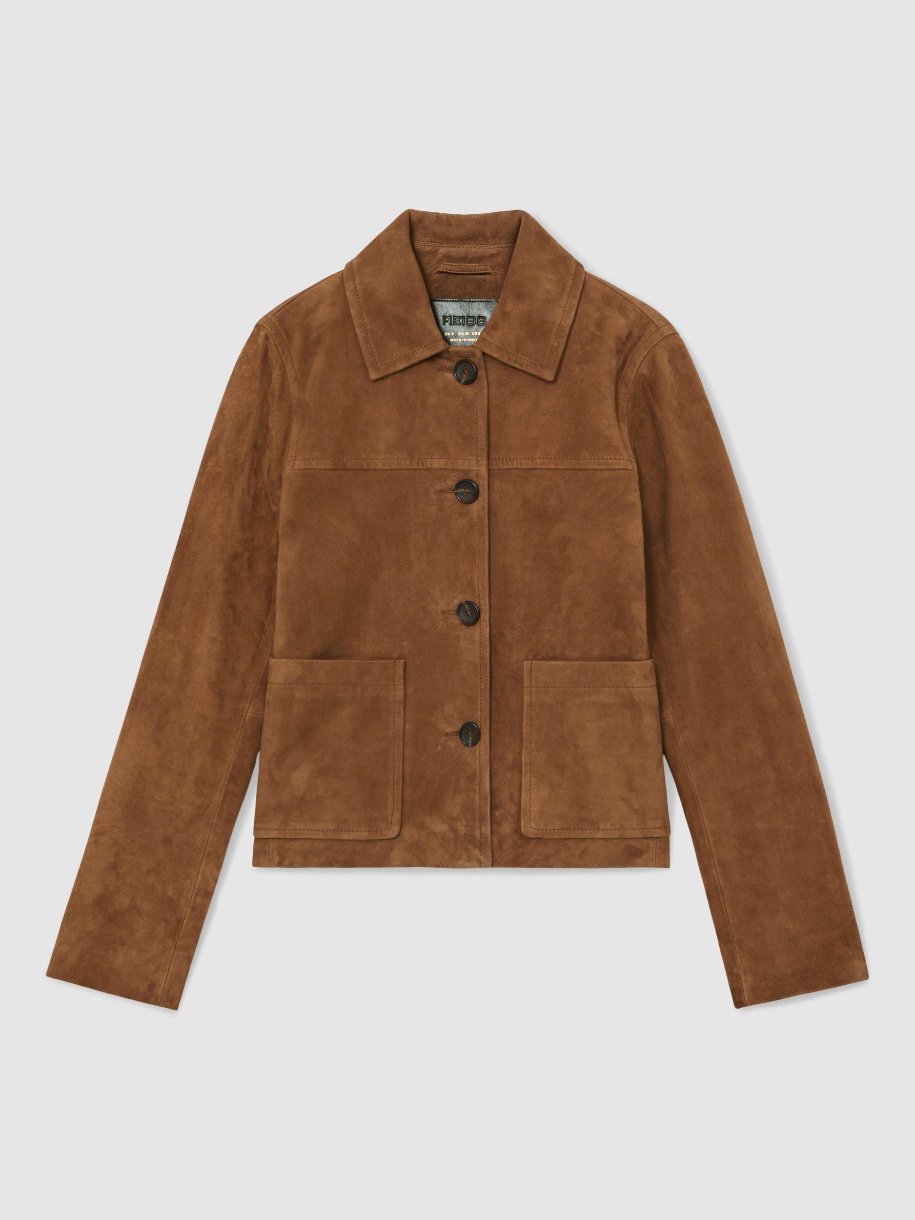 Product image 3 of 5, which shows Reiss Miller Seam Detail Leather Jacket, Tan, 6