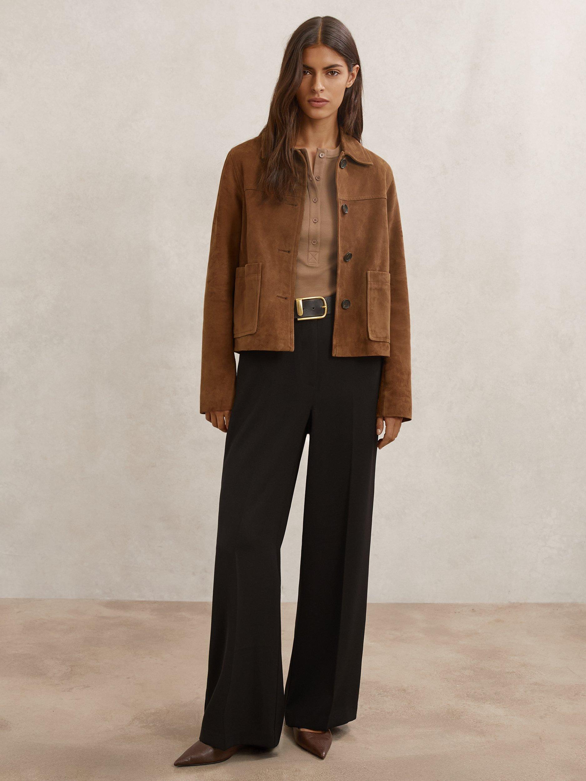 Product image 4 of 5, which shows Reiss Miller Seam Detail Leather Jacket, Tan, 6