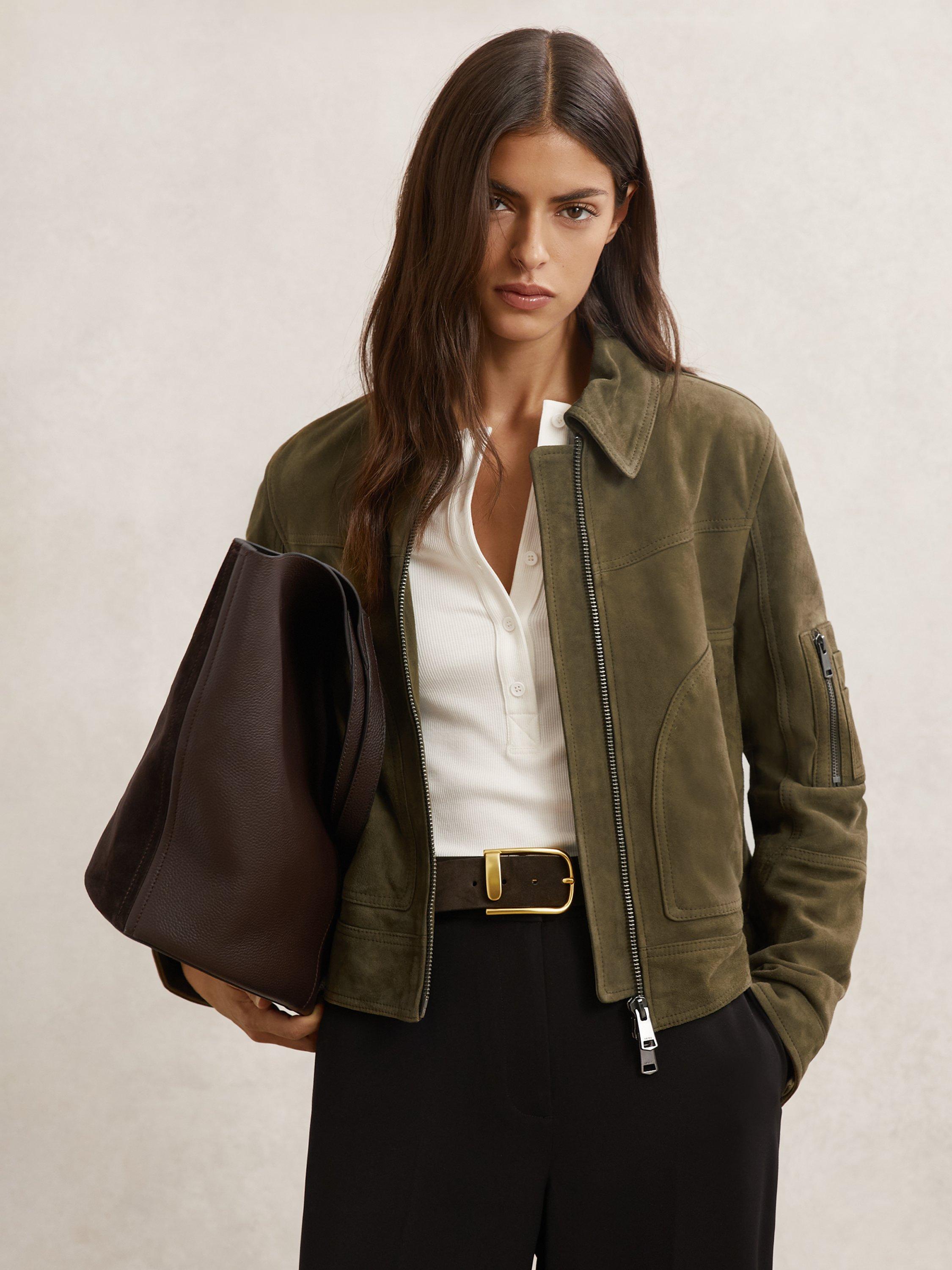 Product image 1 of 5, which shows Reiss Tate Pure Suede Leather Jacket, Khaki, 6