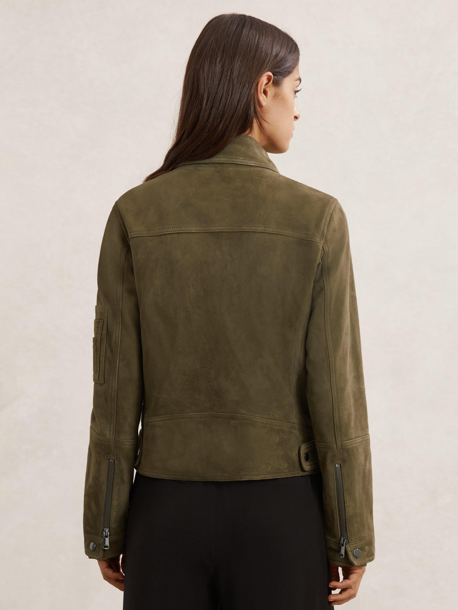 Product image 2 of 5, which shows Reiss Tate Pure Suede Leather Jacket, Khaki, 6