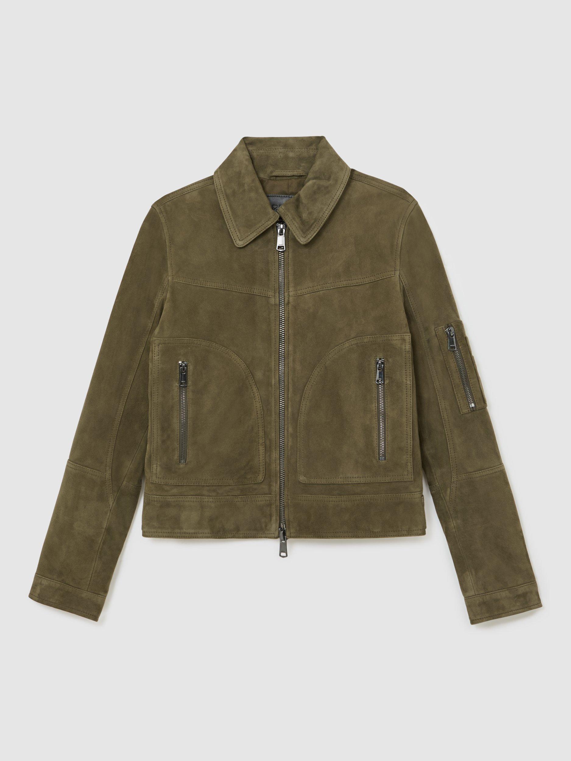 Product image 3 of 5, which shows Reiss Tate Pure Suede Leather Jacket, Khaki, 6