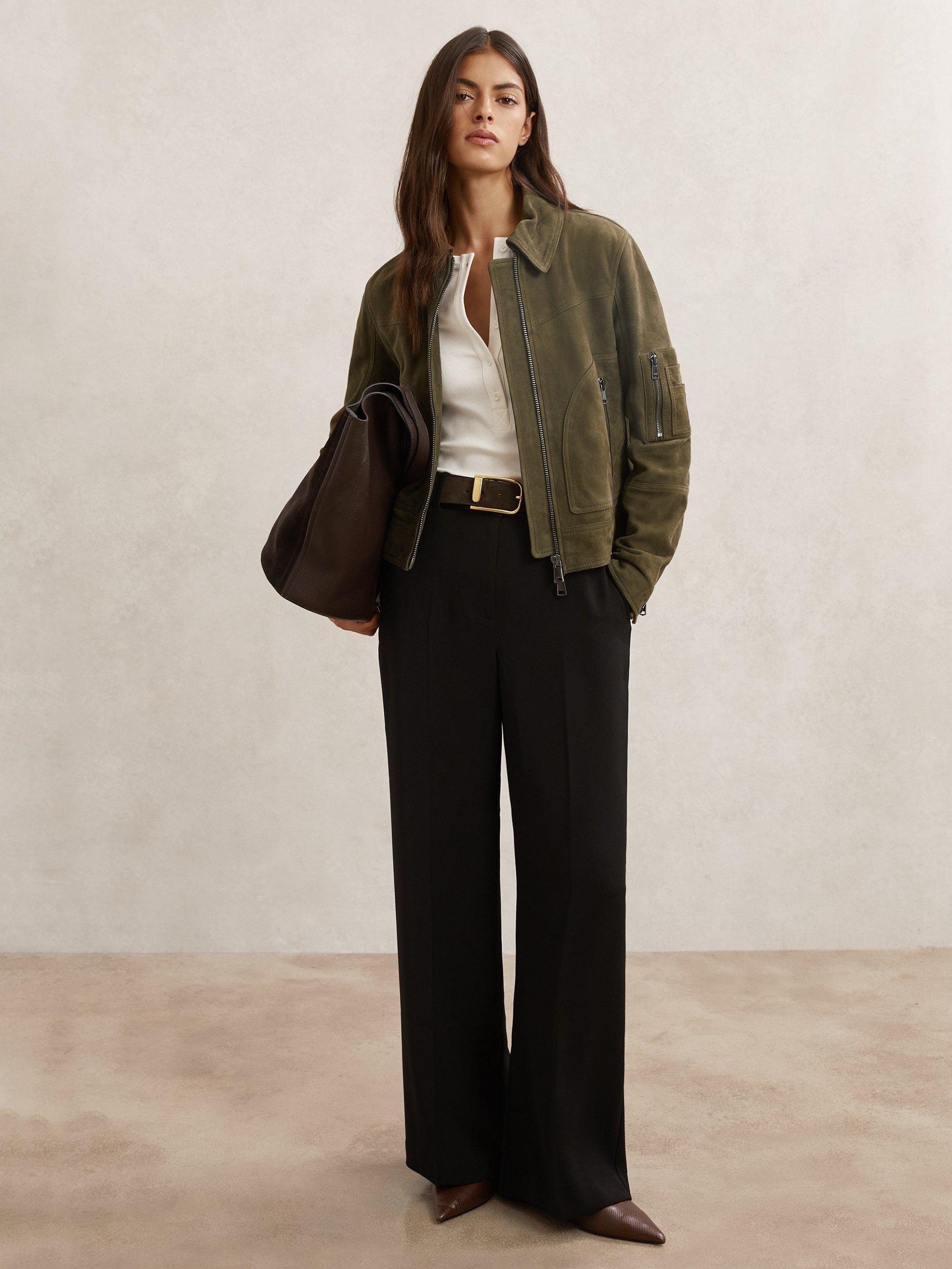 Product image 4 of 5, which shows Reiss Tate Pure Suede Leather Jacket, Khaki, 6