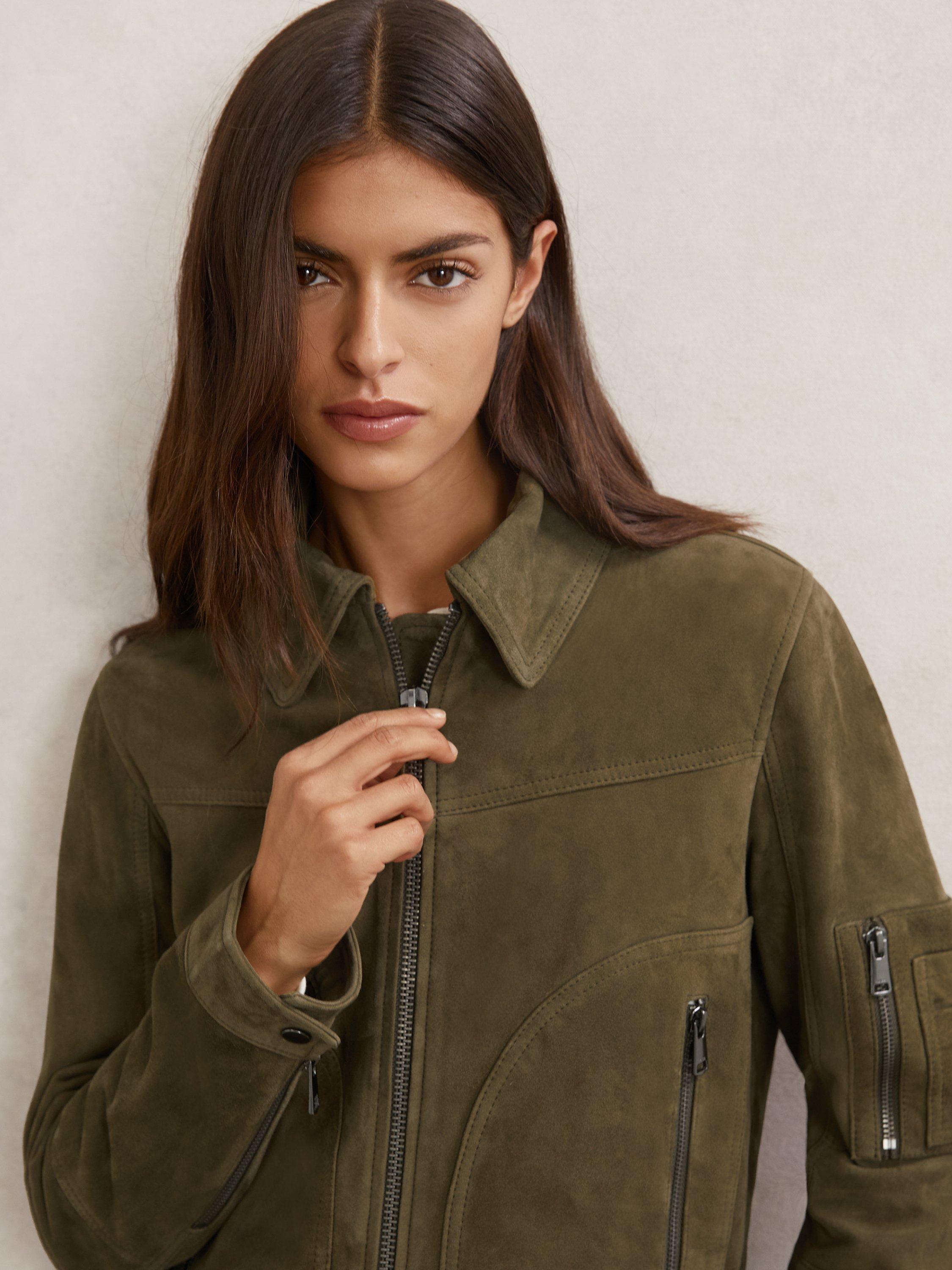 Product image 5 of 5, which shows Reiss Tate Pure Suede Leather Jacket, Khaki, 6