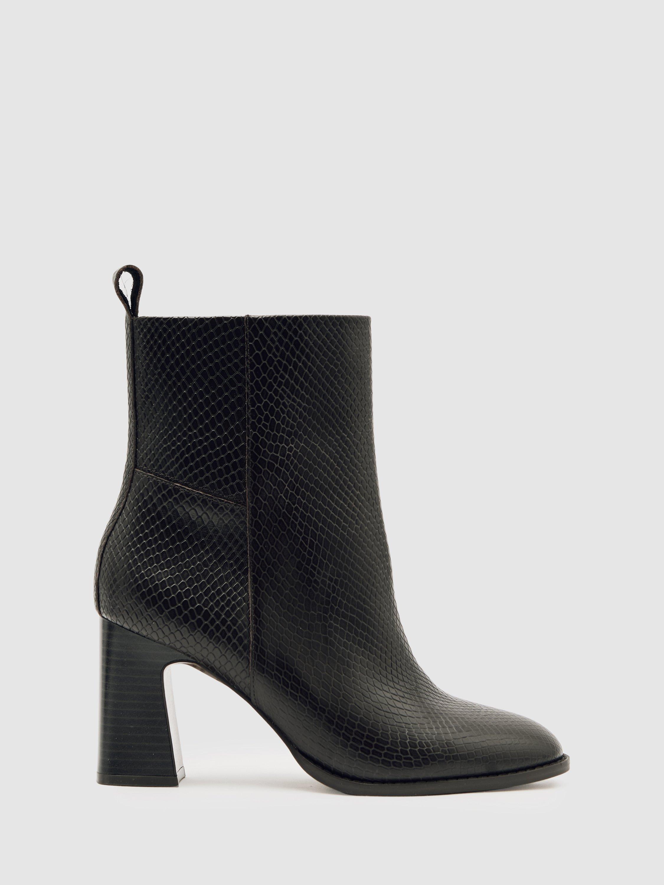 Product image 1 of 5, which shows Reiss Hana Leather Snake Effect Ankle Boots, Black, 3