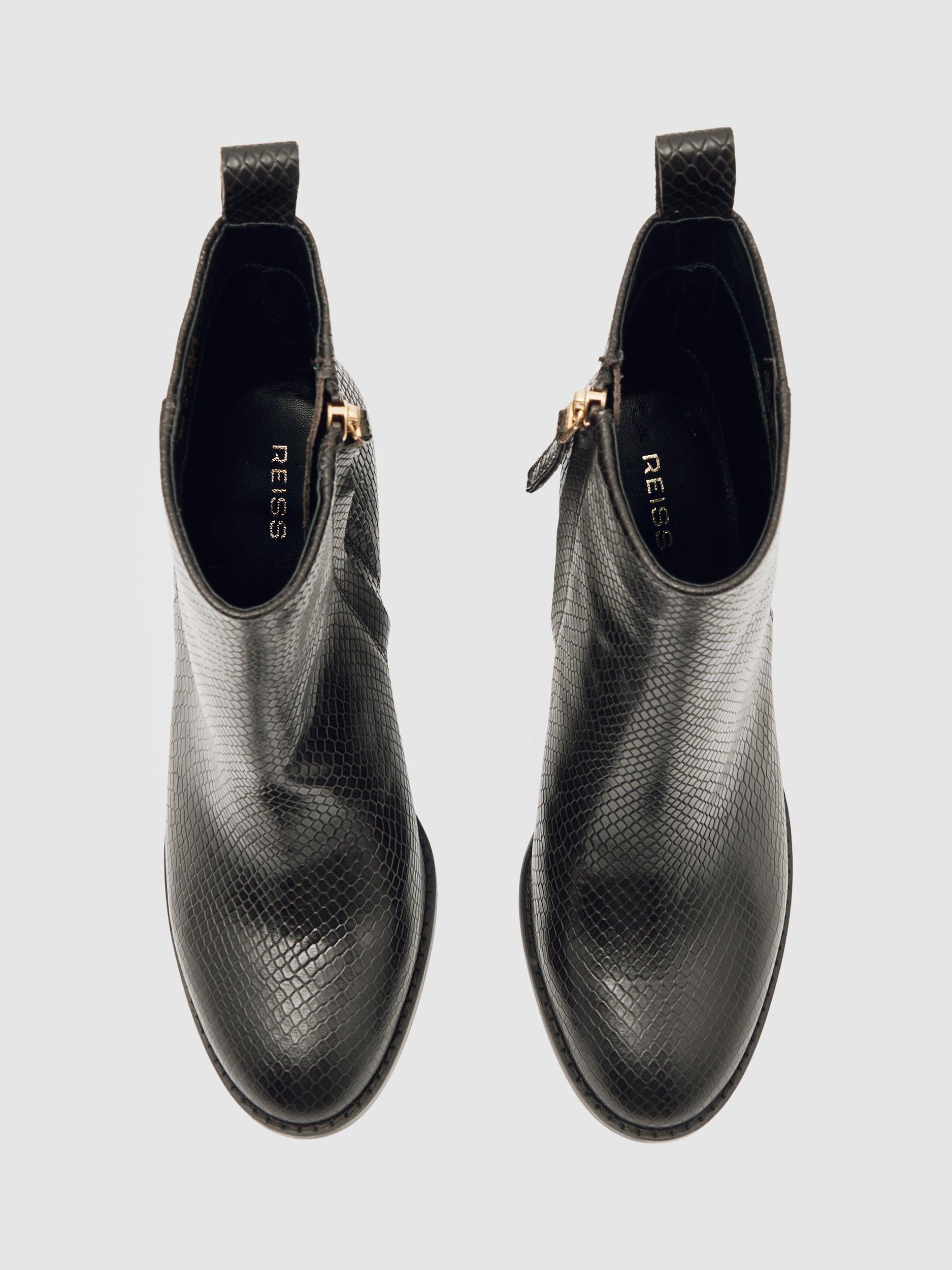 Product image 4 of 5, which shows Reiss Hana Leather Snake Effect Ankle Boots, Black, 3