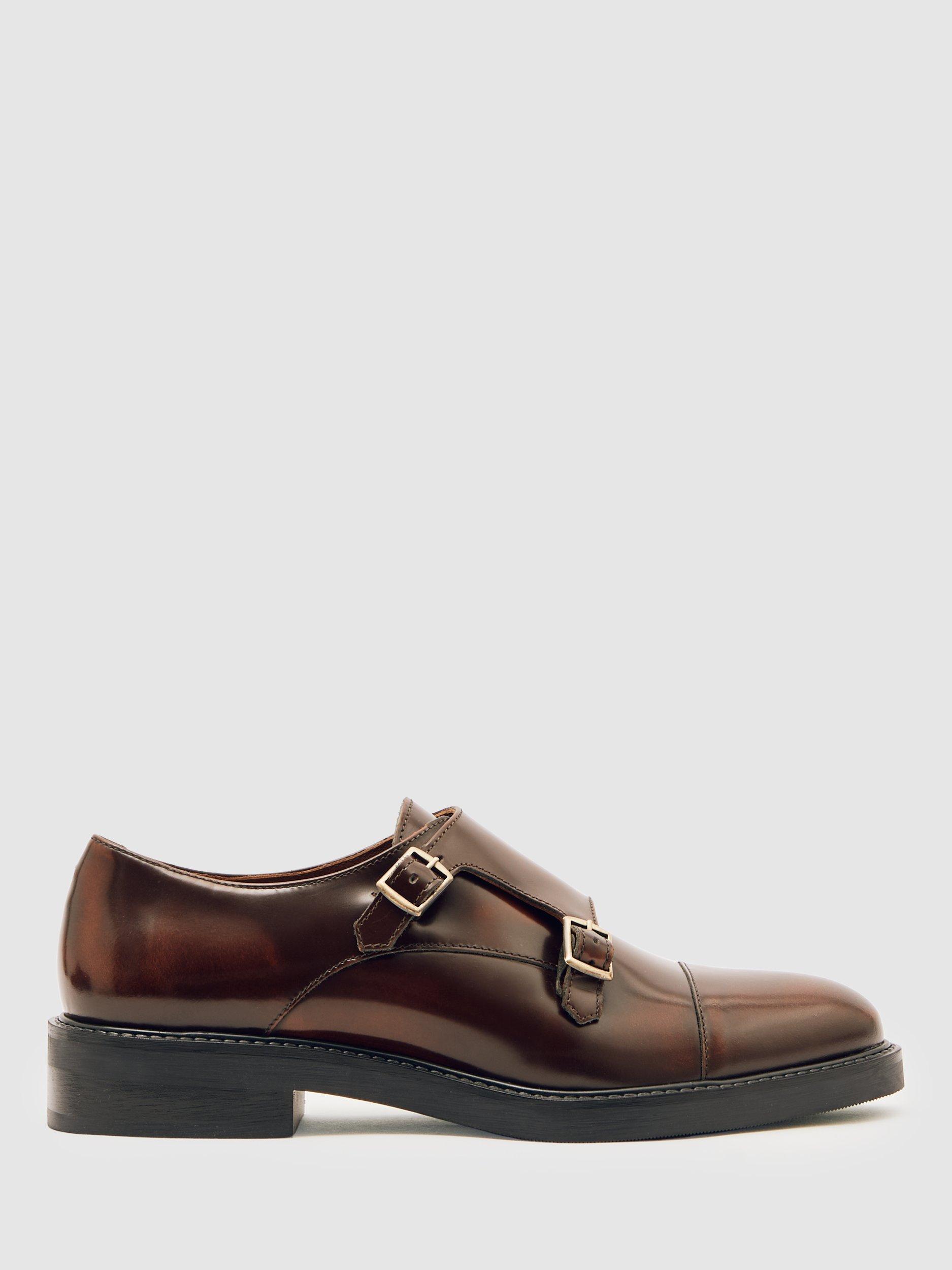Product image 1 of 5, which shows Reiss Casper Leather Double Buckle Derby Shoes, Tan, 4