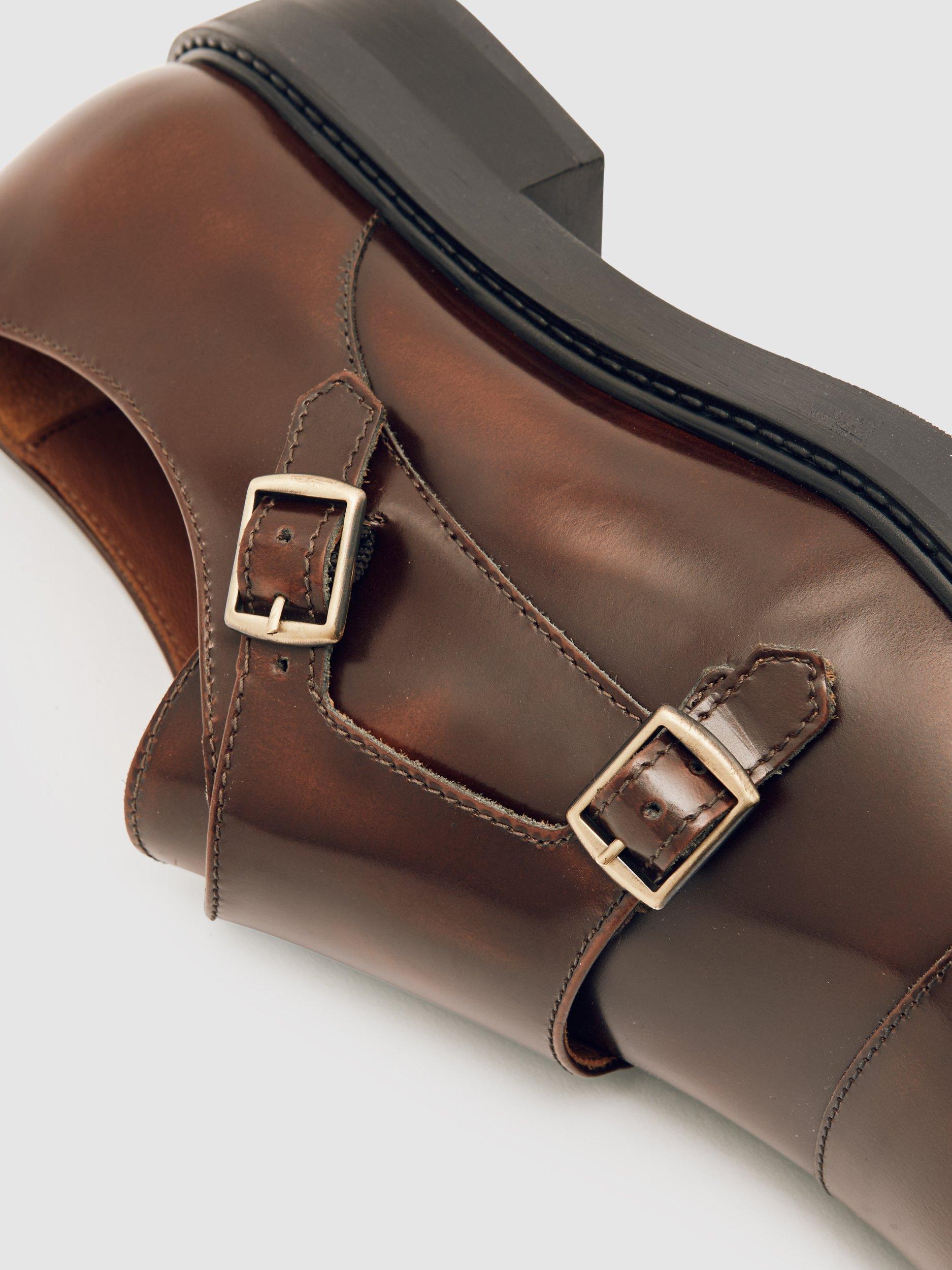 Product image 2 of 5, which shows Reiss Casper Leather Double Buckle Derby Shoes, Tan, 4