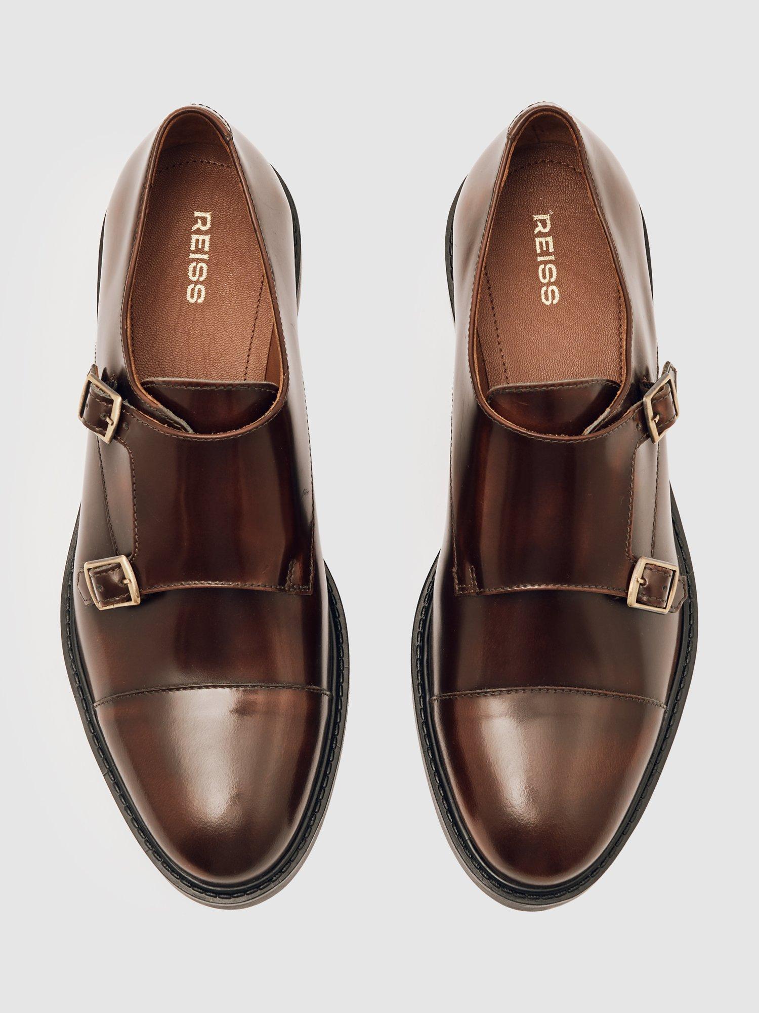 Product image 4 of 5, which shows Reiss Casper Leather Double Buckle Derby Shoes, Tan, 4