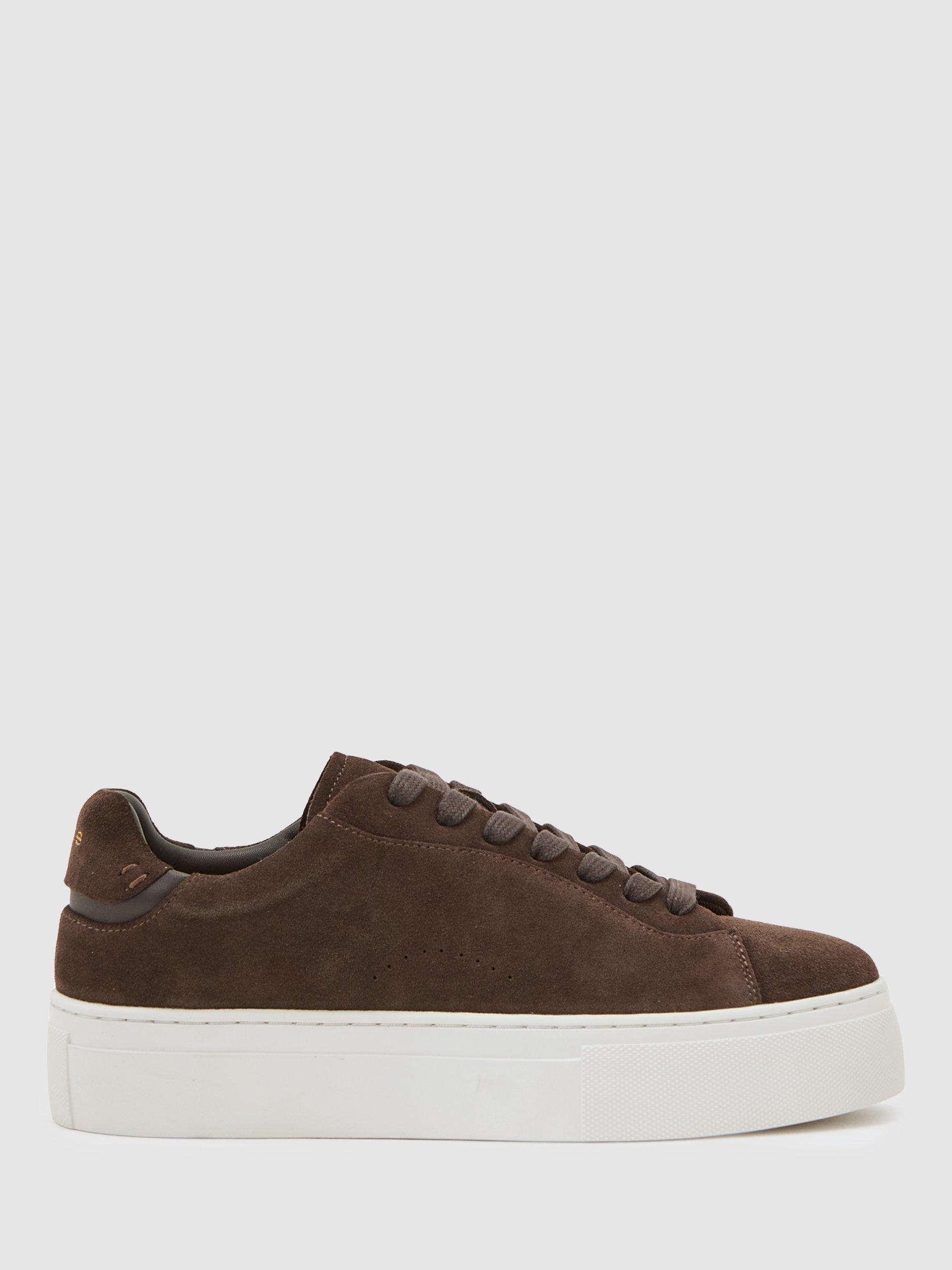 Product image 1 of 5, which shows Reiss Francesca Leather Lace-Up Trainers, Chocolate, 3