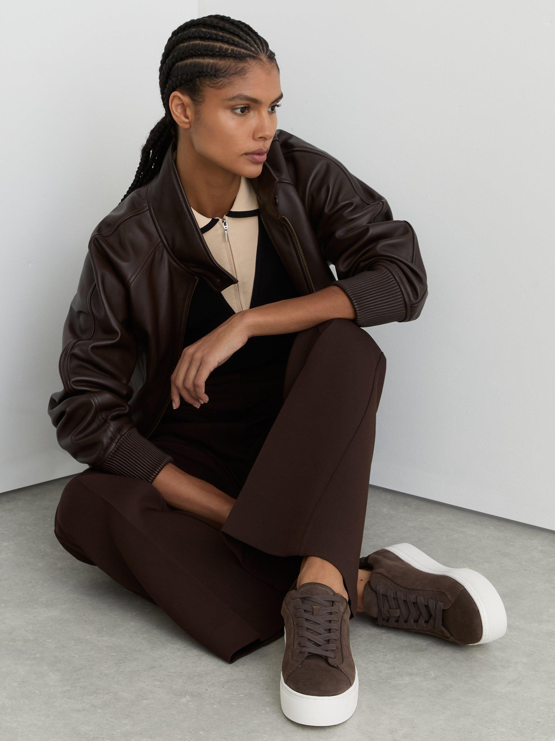 Product image 3 of 5, which shows Reiss Francesca Leather Lace-Up Trainers, Chocolate, 3