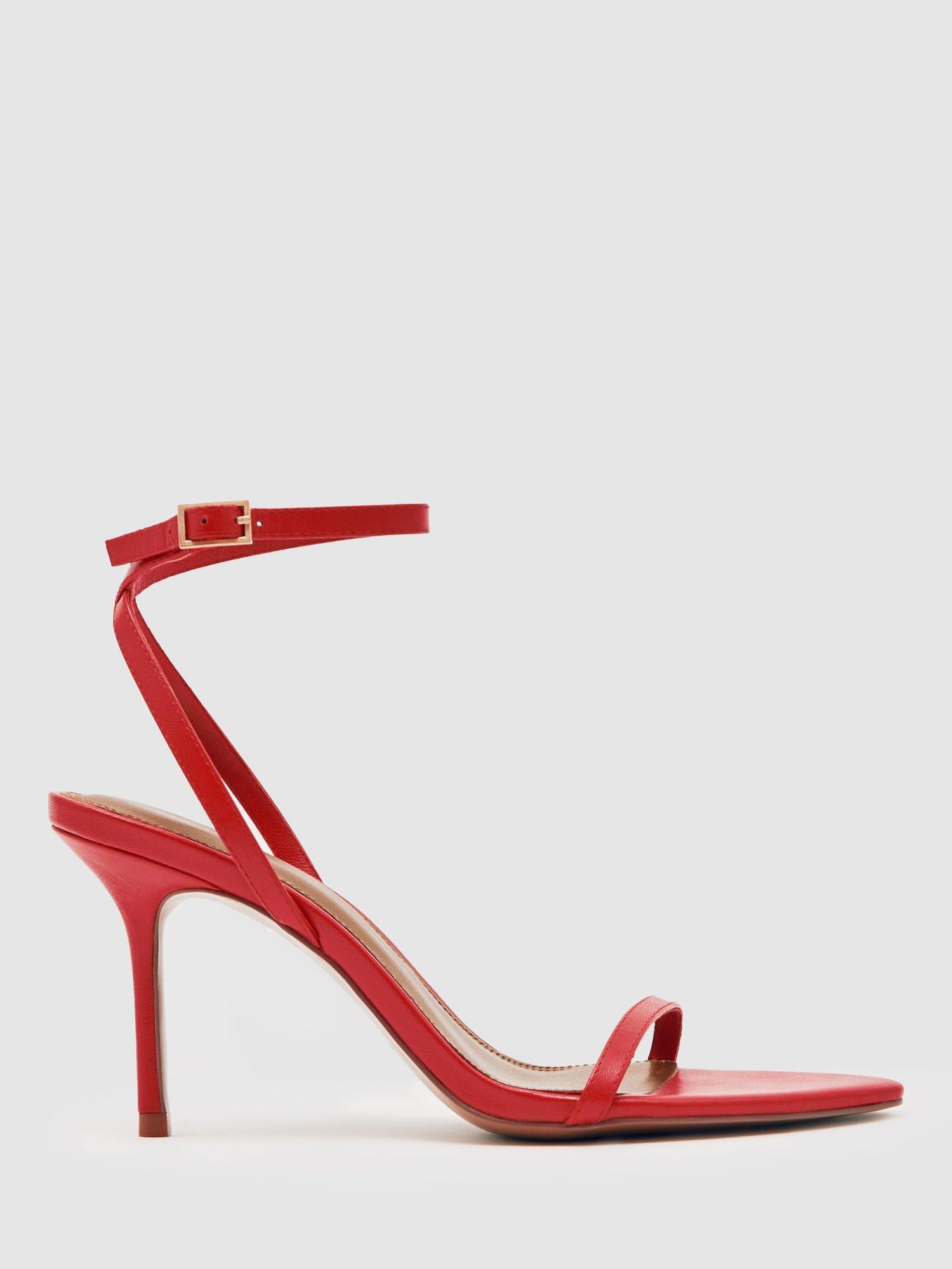 Product image 1 of 5, which shows Reiss Leather Strappy Heeled Sandals, Red, 3