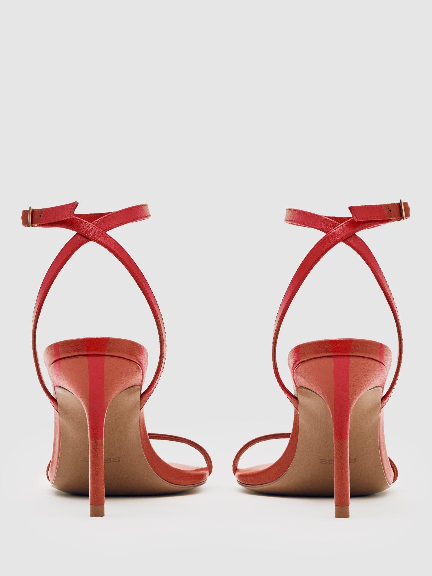 Product image 4 of 5, which shows Reiss Leather Strappy Heeled Sandals, Red, 3