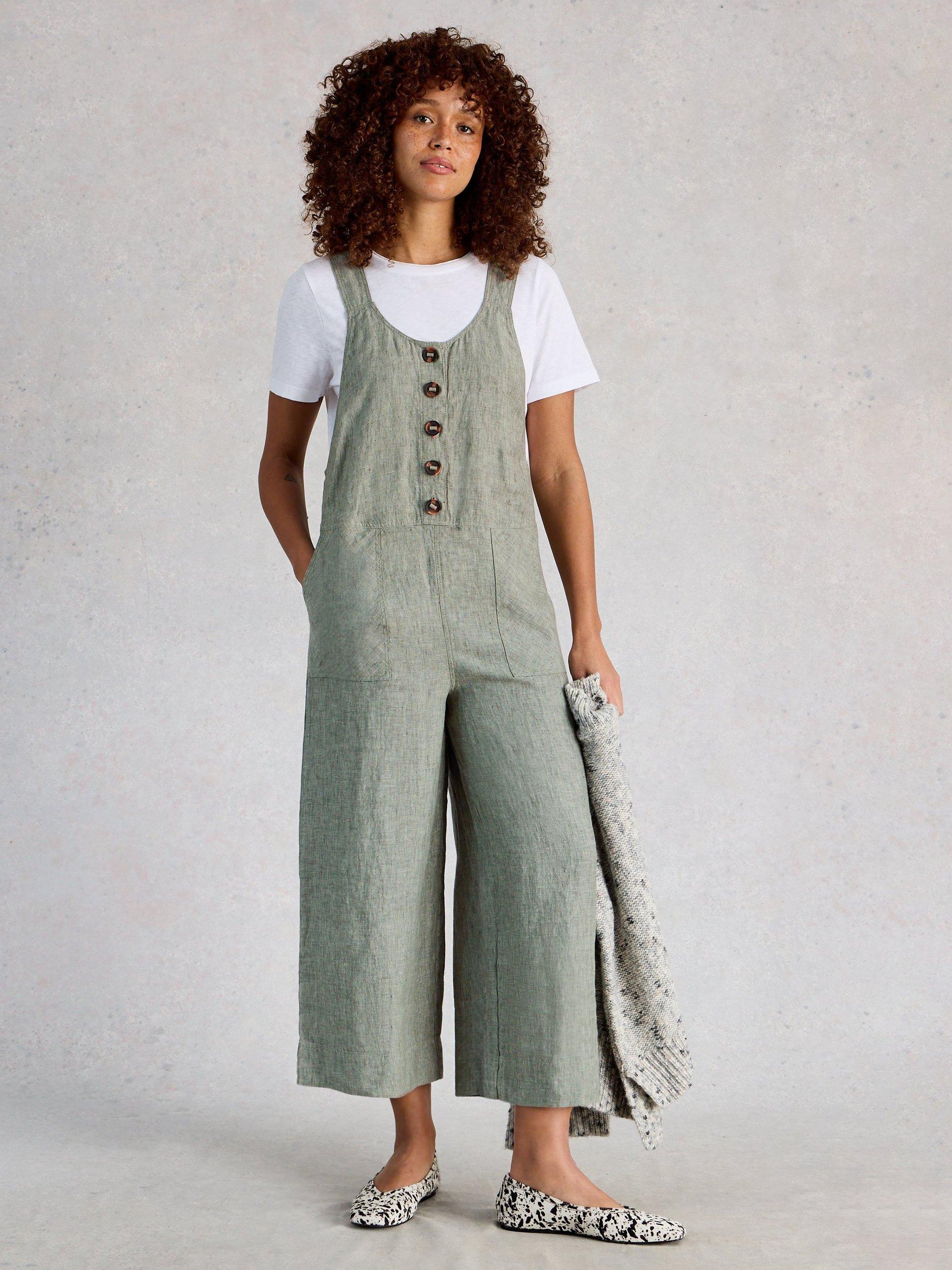 Product image 1 of 6, which shows White Stuff Viola Pure Linen Dungarees, Mid Green, 6S