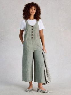 White Stuff Viola Pure Linen Dungarees, Mid Green, Mid Green