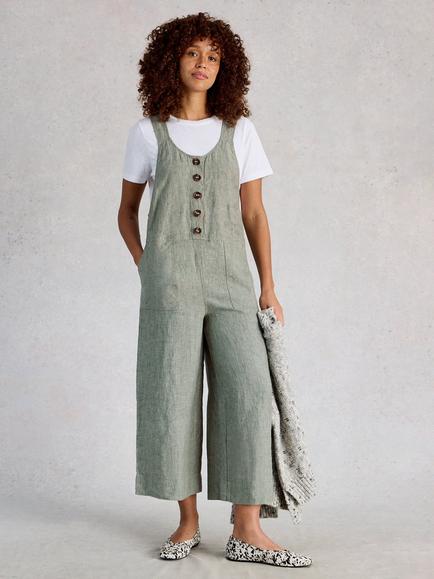 White Stuff Viola Pure Linen Dungarees, Mid Green, Mid Green