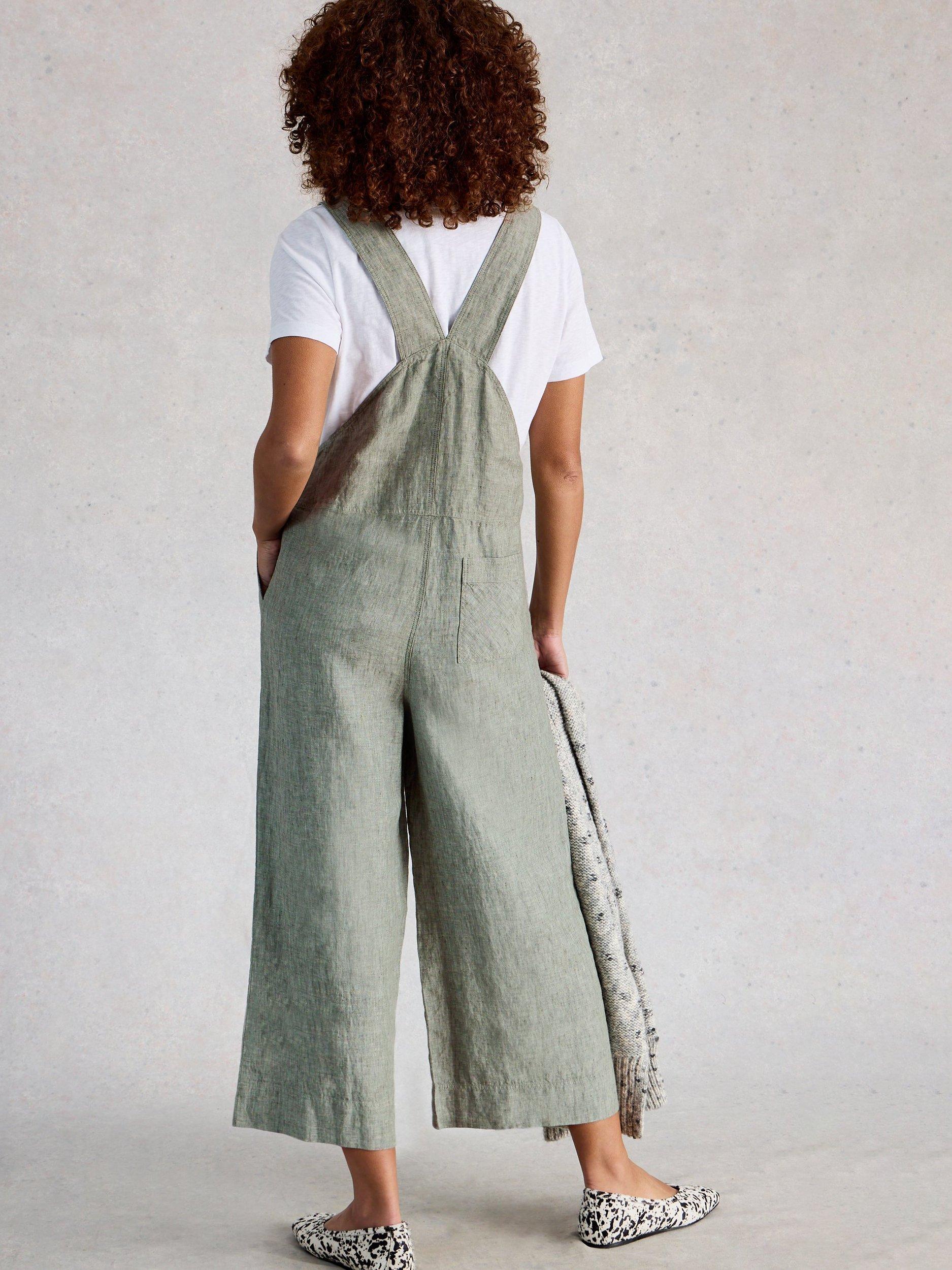 Product image 2 of 6, which shows White Stuff Viola Pure Linen Dungarees, Mid Green, 6S