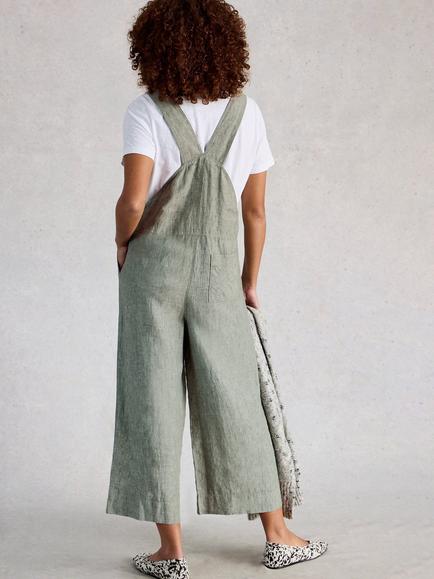 White Stuff Viola Pure Linen Dungarees, Mid Green - view 2, Mid Green