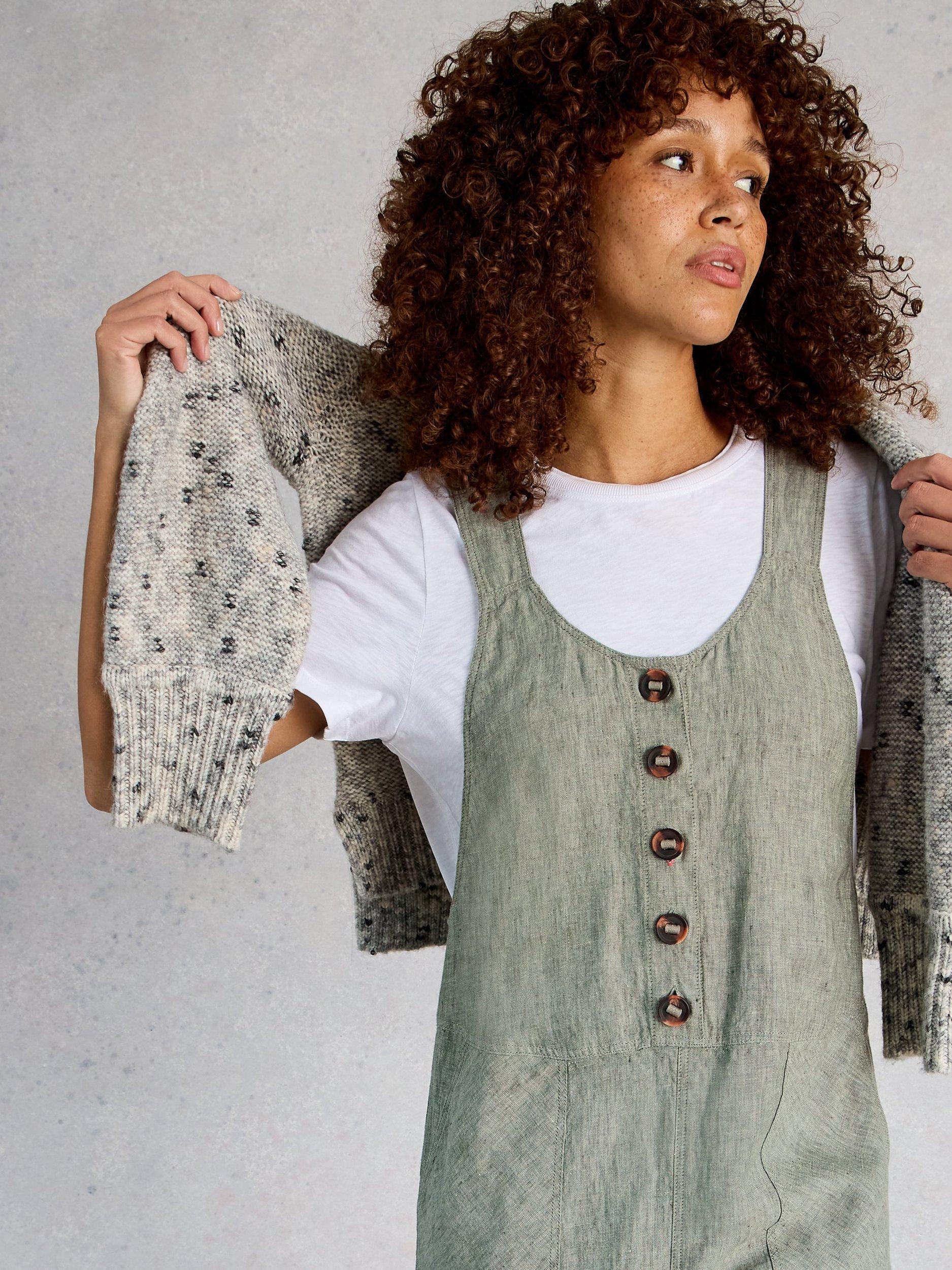 Product image 3 of 6, which shows White Stuff Viola Pure Linen Dungarees, Mid Green, 6S